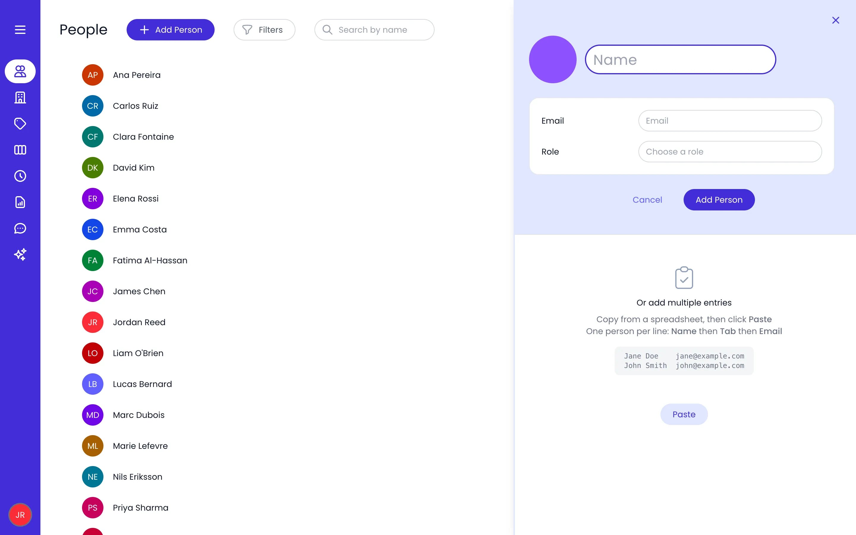 Beebole People page with the add panel open: the Name field, Email and Role fields, the Cancel and Add Person buttons, and the Or add multiple entries area with its Name then Tab then Email example and the Paste button