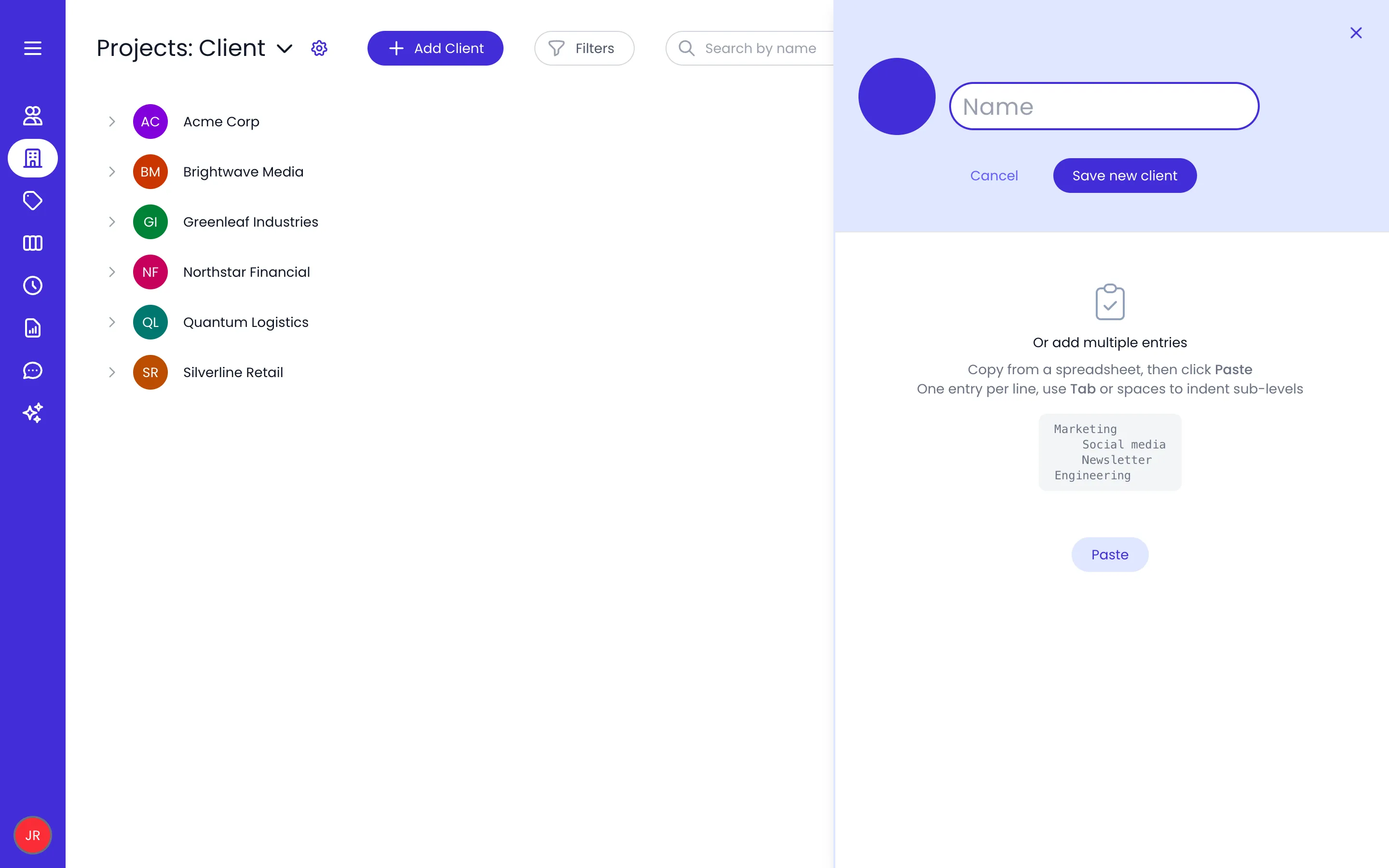 Beebole Projects page on the Client category with the add panel open: the Name field, the Cancel and Save new client buttons, and the Or add multiple entries area with an indented example list and the Paste button