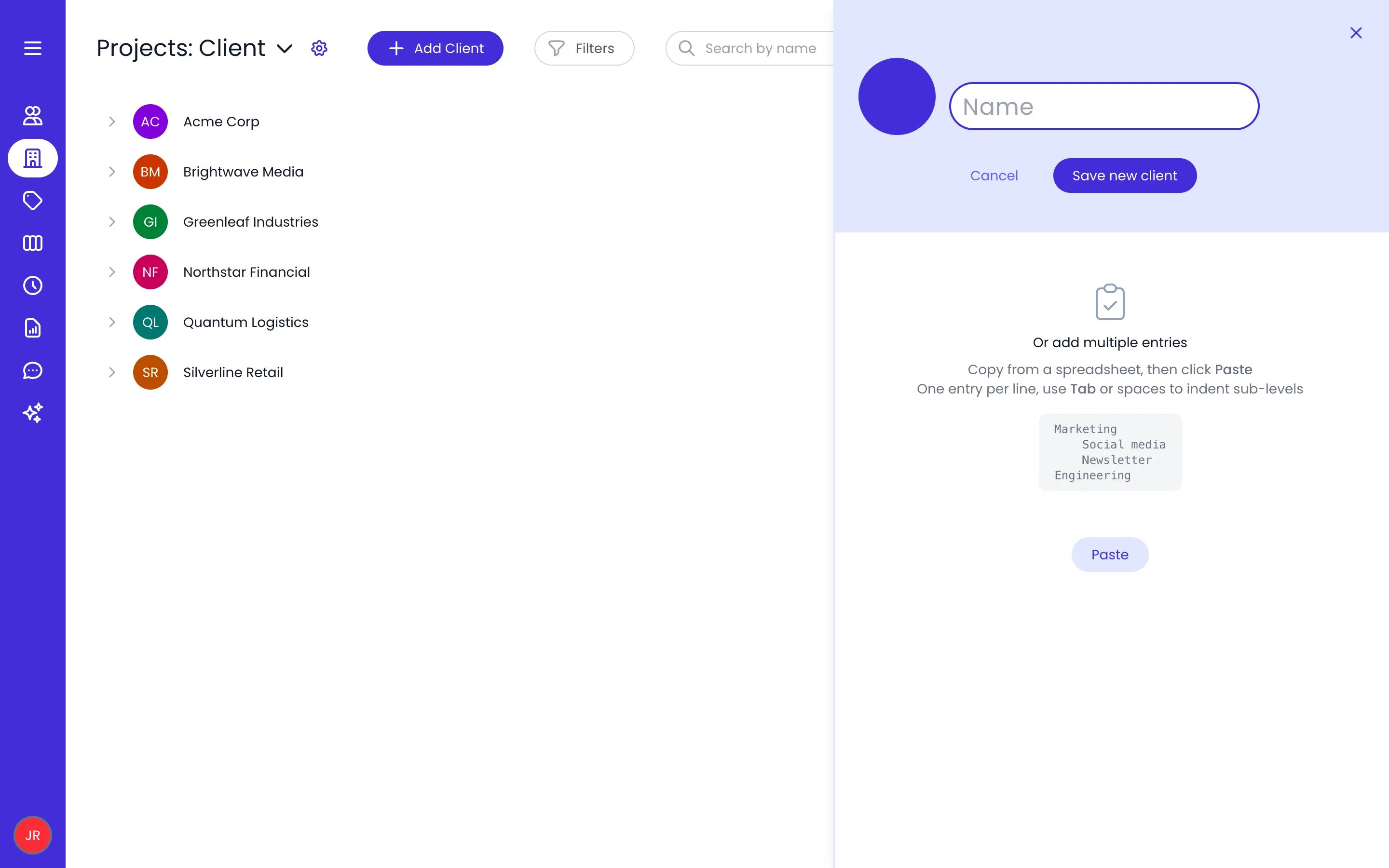 Beebole Projects page on the Client category with the add panel open: the Name field, the Cancel and Save new client buttons, and the Or add multiple entries area with an indented example list and the Paste button