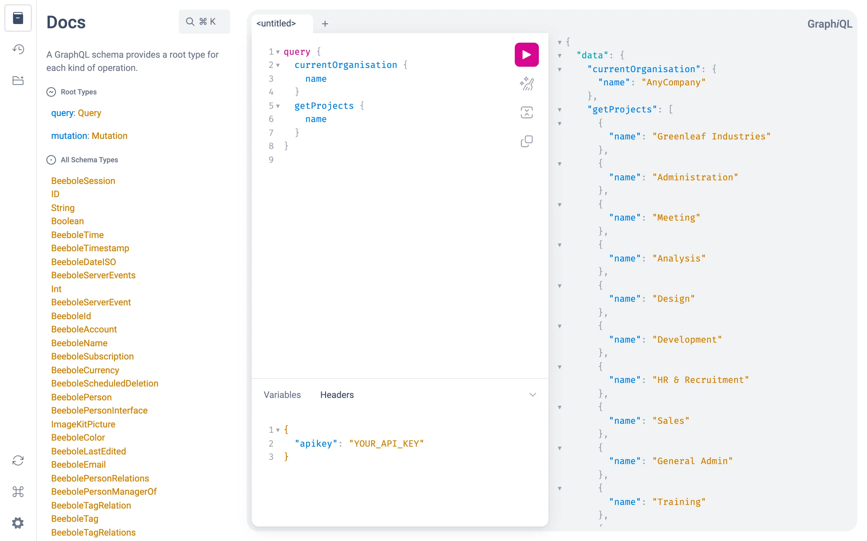 GraphiQL IDE served by Beebole with the Docs panel listing the root types and schema types on the left, a query for currentOrganisation name and getProjects name in the editor, the Headers tab holding an apikey header with a placeholder value, and the JSON result on the right showing the organization and its projects