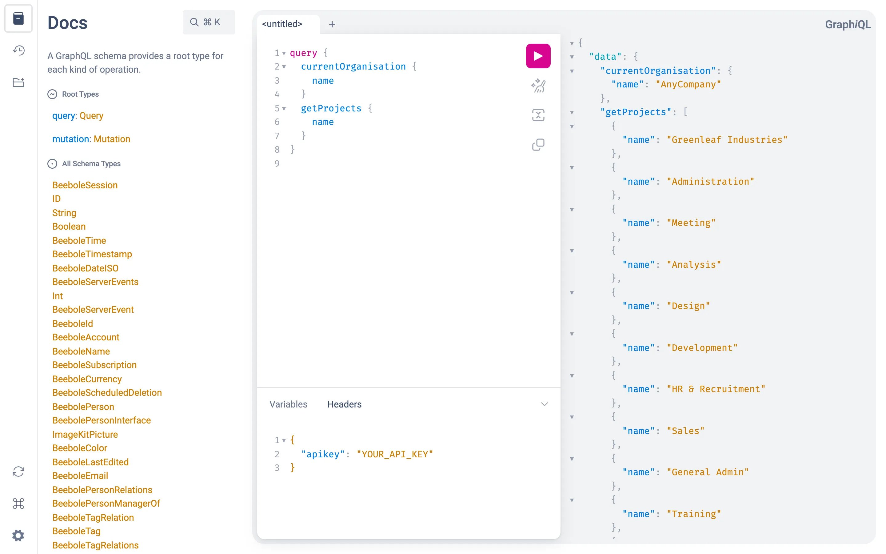 GraphiQL IDE served by Beebole with the Docs panel listing the root types and schema types on the left, a query for currentOrganisation name and getProjects name in the editor, the Headers tab holding an apikey header with a placeholder value, and the JSON result on the right showing the organization and its projects