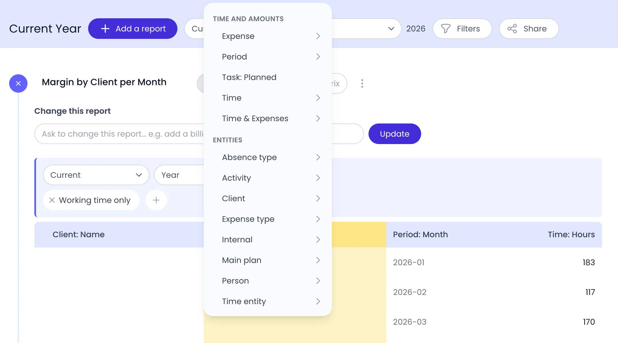 Beebole report Margin by Client per Month with the column menu open, listing Expense, Period, Task: Planned, Time and Time & Expenses under Time and amounts, then Absence type, Activity, Client, Expense type, Internal, Main plan, Person and Time entity under Entities, over a highlighted empty column between Client: Name and Period: Month