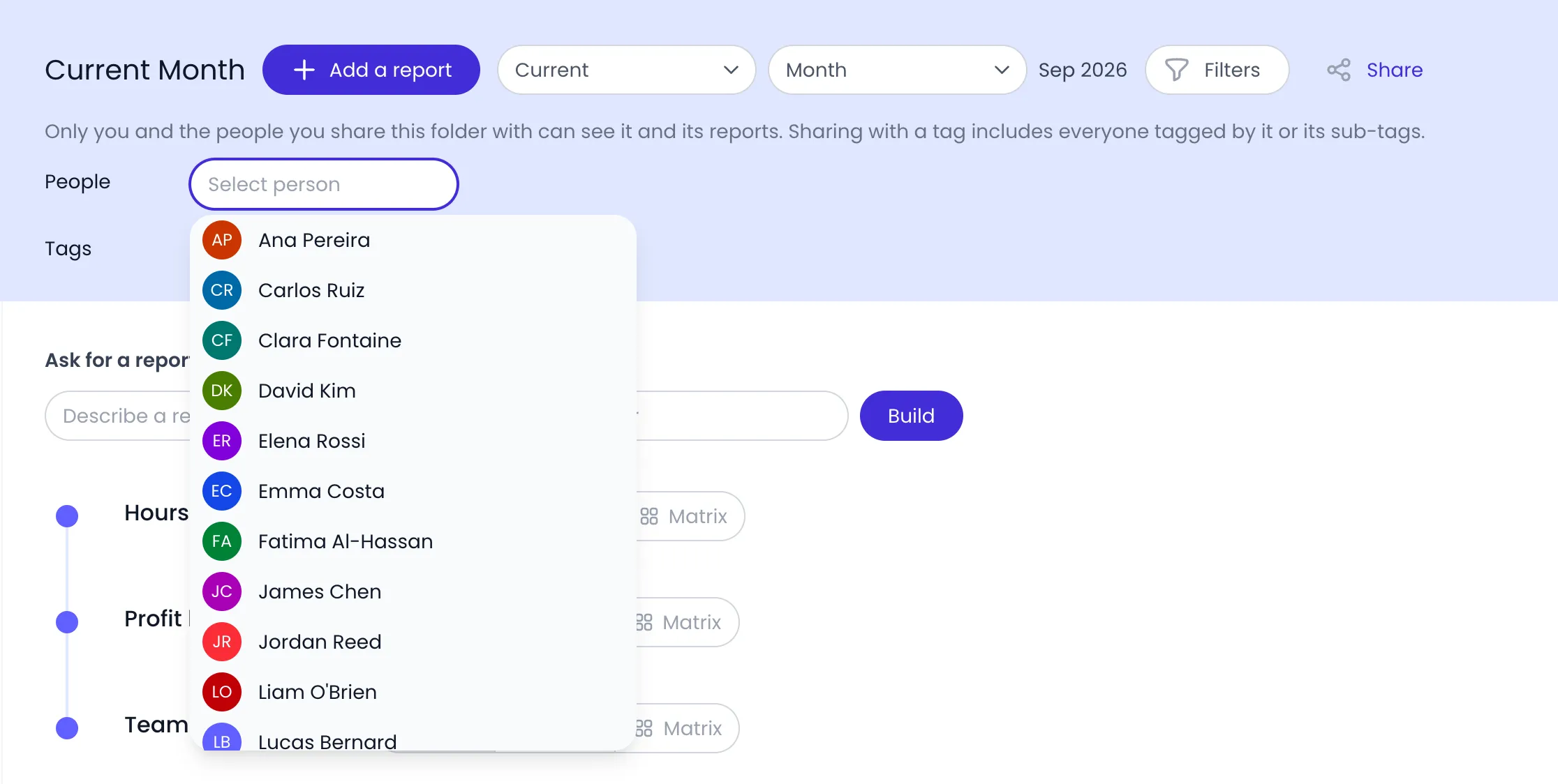 Beebole Current Month report folder with the Share panel open under the folder name, explaining who can see the folder, the People field open on a list of team members, and the Tags field below