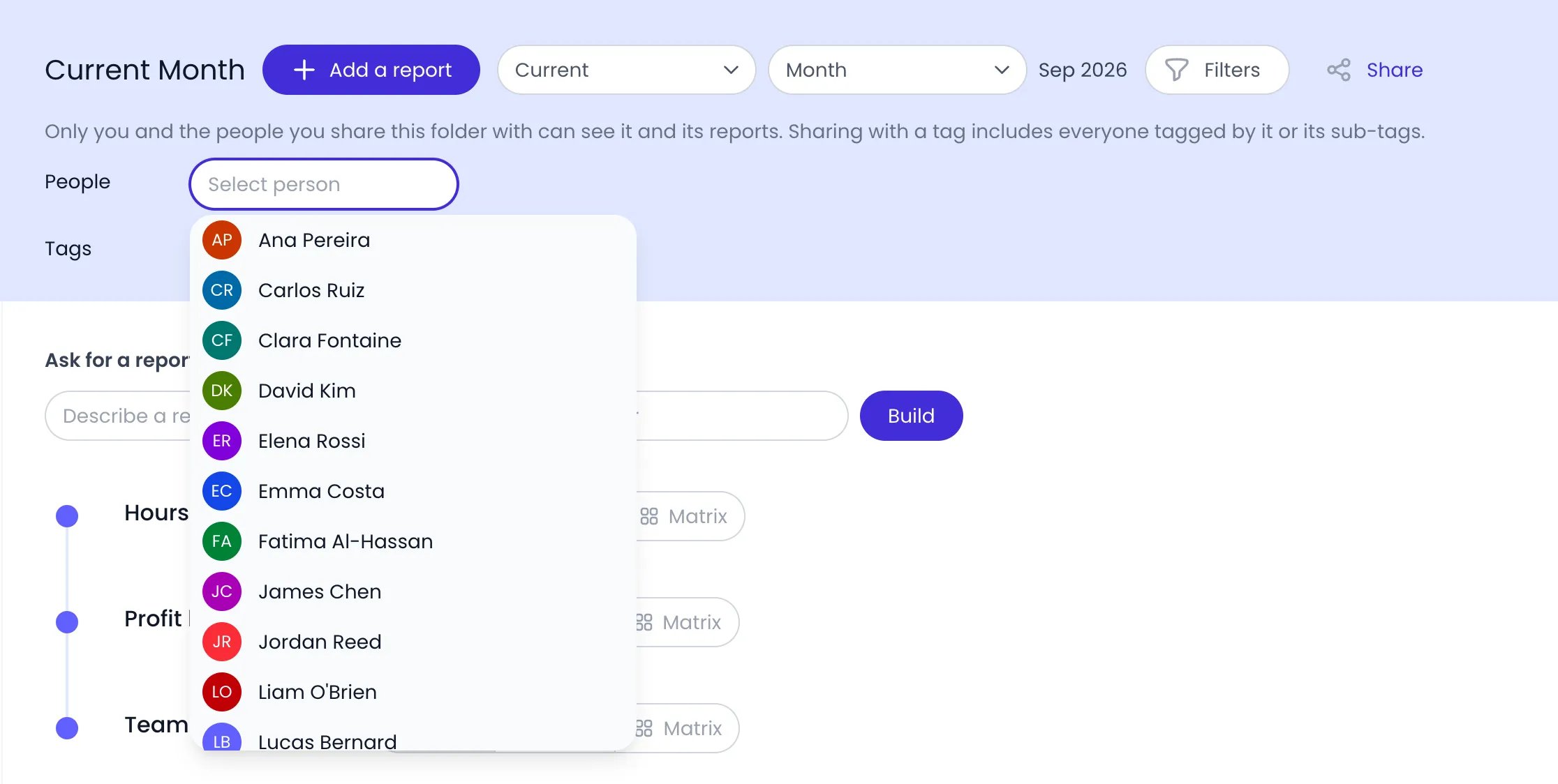 Beebole Current Month report folder with the Share panel open under the folder name, explaining who can see the folder, the People field open on a list of team members, and the Tags field below