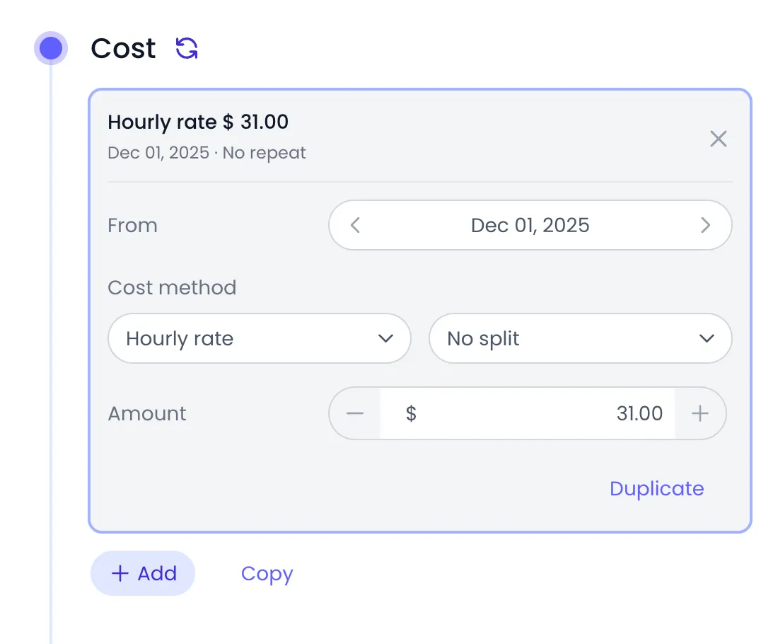 Beebole Cost panel of a person with an hourly rate card open, showing the From date of Dec 01, 2025, the Cost method set to Hourly rate with No split, and an Amount of $31.00