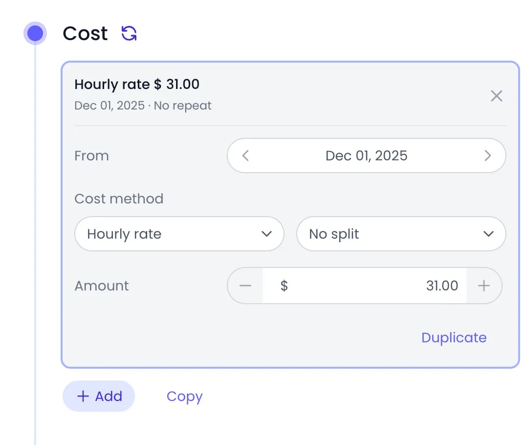 Beebole Cost panel of a person with an hourly rate card open, showing the From date of Dec 01, 2025, the Cost method set to Hourly rate with No split, and an Amount of $31.00
