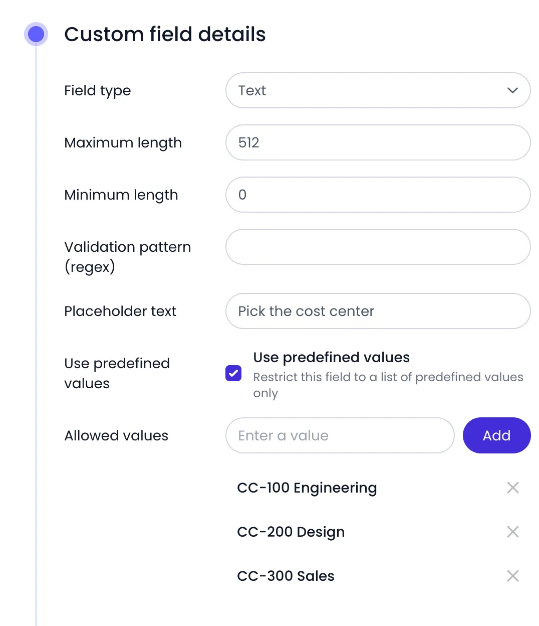 Beebole Custom field details panel of a Cost center field, with the Field type set to Text, the Maximum length, Minimum length, Validation pattern (regex) and Placeholder text options, Use predefined values turned on, and the Allowed values CC-100 Engineering, CC-200 Design and CC-300 Sales