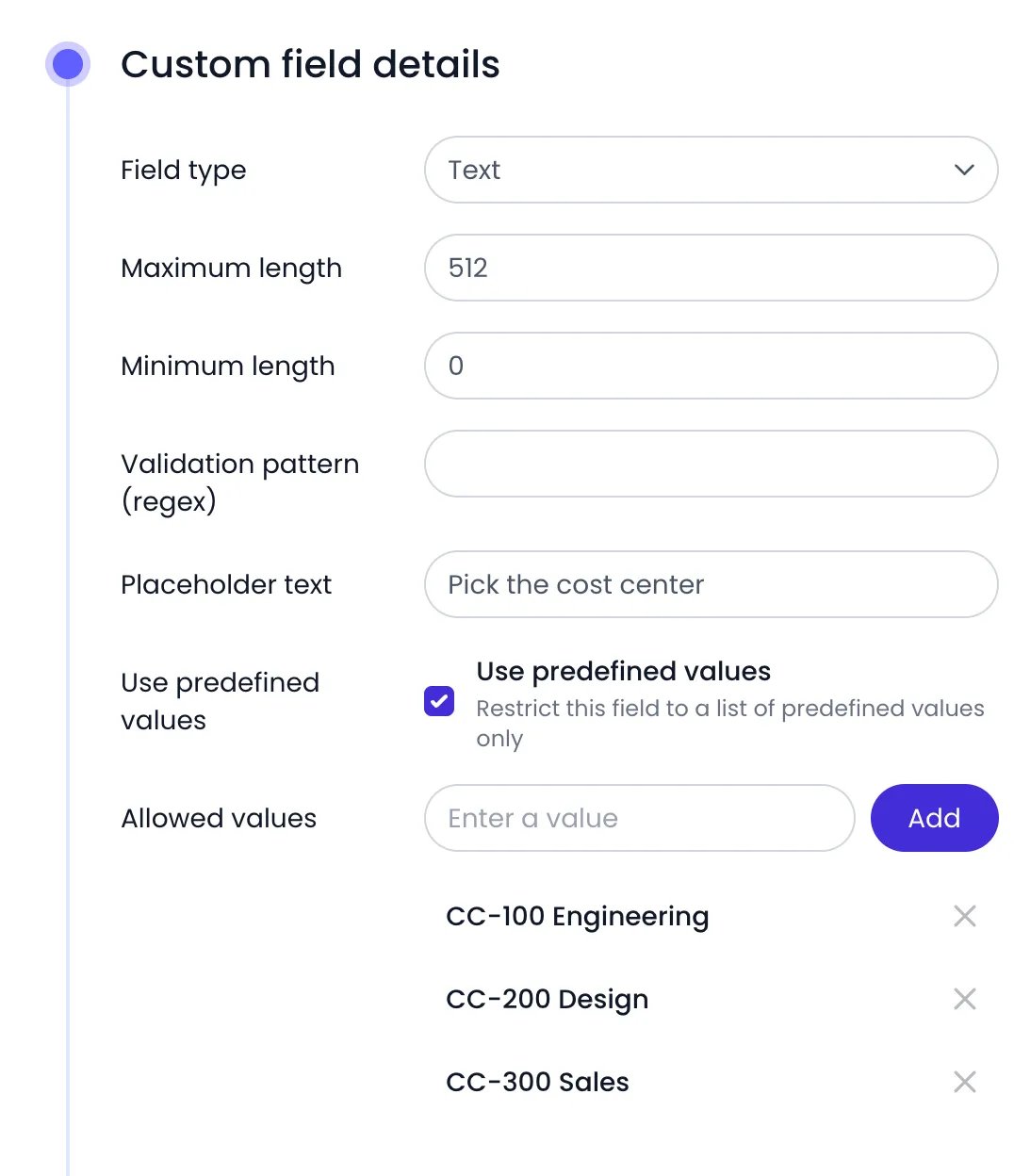 Beebole Custom field details panel of a Cost center field, with the Field type set to Text, the Maximum length, Minimum length, Validation pattern (regex) and Placeholder text options, Use predefined values turned on, and the Allowed values CC-100 Engineering, CC-200 Design and CC-300 Sales