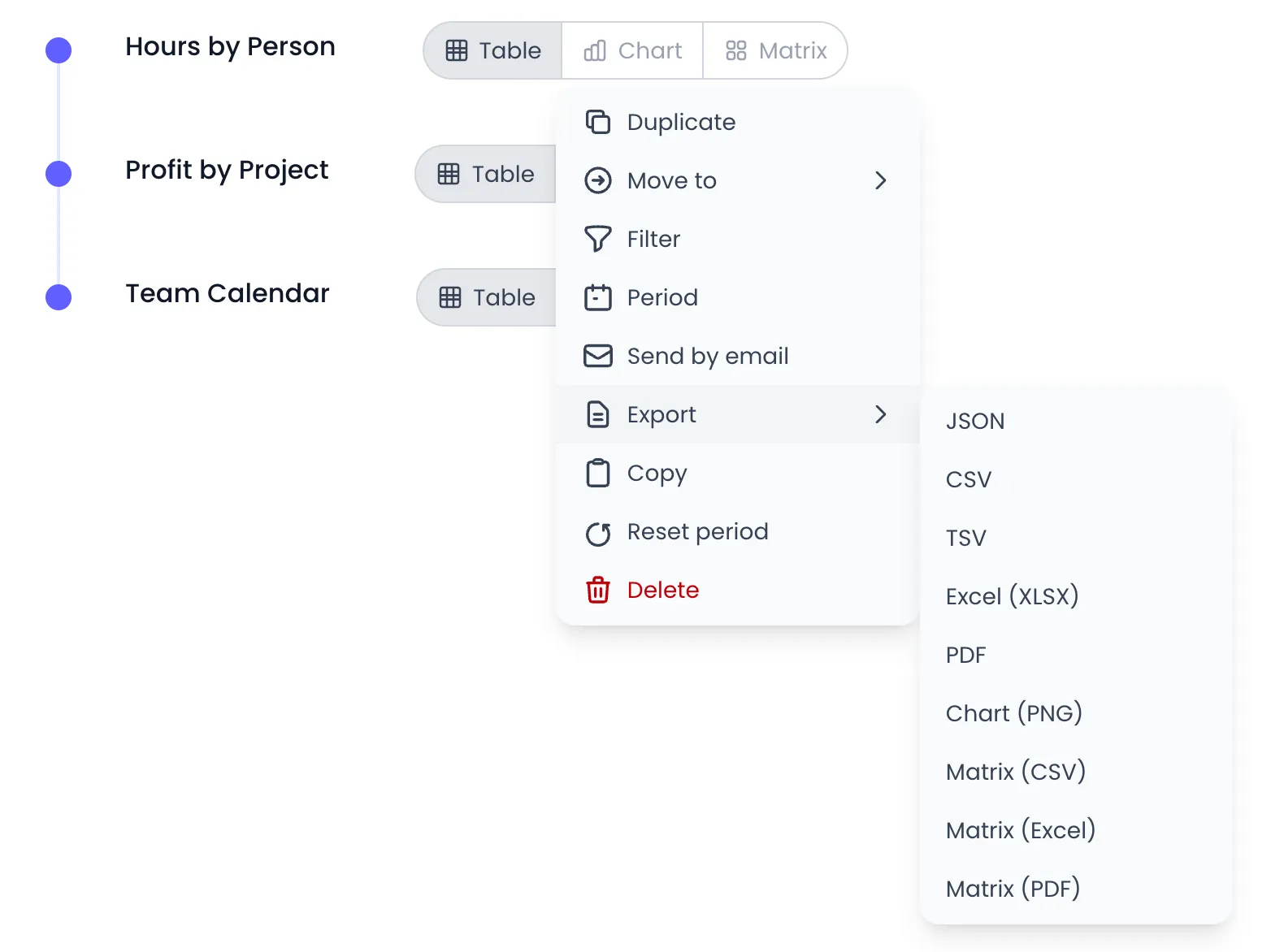 Beebole report action menu opened on the Hours by Person report, with Export highlighted and its submenu listing JSON, CSV, TSV, Excel (XLSX), PDF, Chart (PNG), Matrix (CSV), Matrix (Excel) and Matrix (PDF)