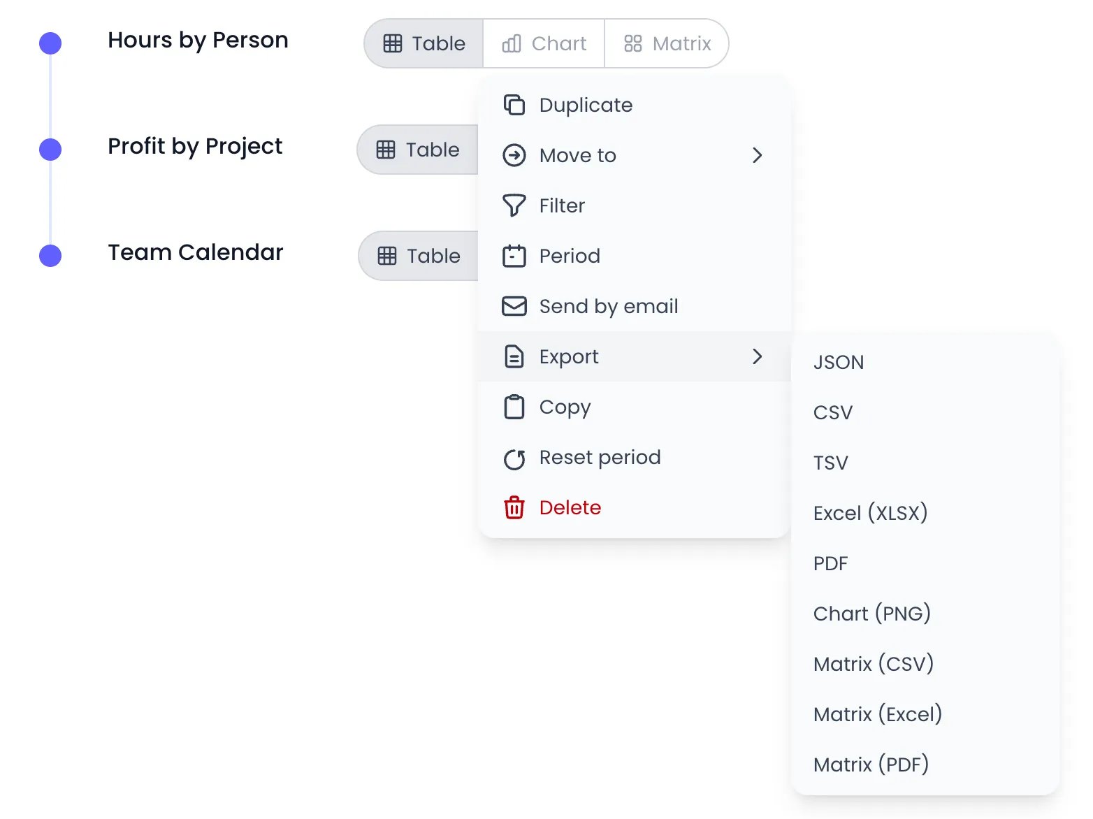 Beebole report action menu opened on the Hours by Person report, with Export highlighted and its submenu listing JSON, CSV, TSV, Excel (XLSX), PDF, Chart (PNG), Matrix (CSV), Matrix (Excel) and Matrix (PDF)