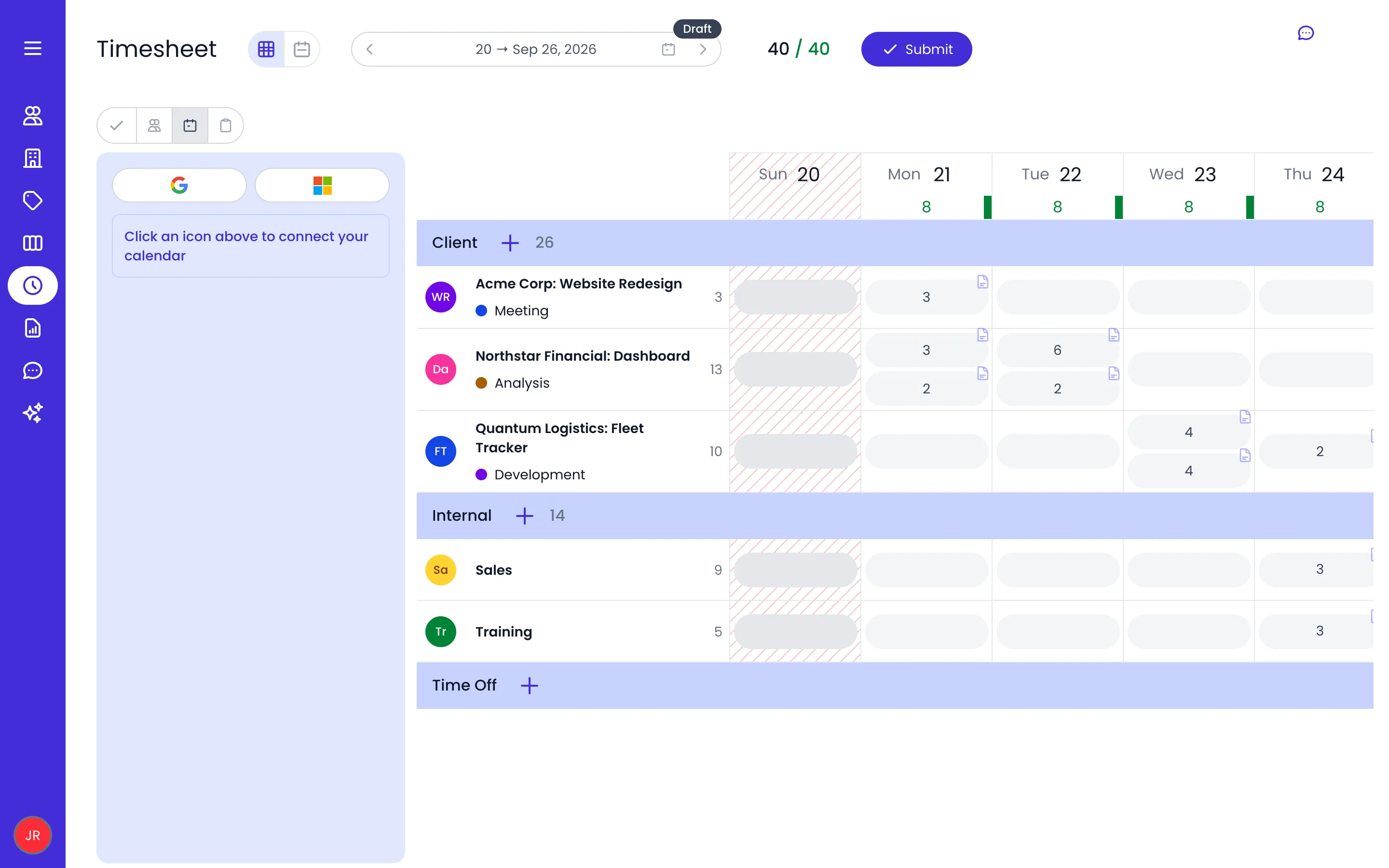 Beebole timesheet in Grid view with the calendar pane open on the left, showing the Google and Microsoft sign-in icons and the prompt Click an icon above to connect your calendar, next to the week's rows of time entries