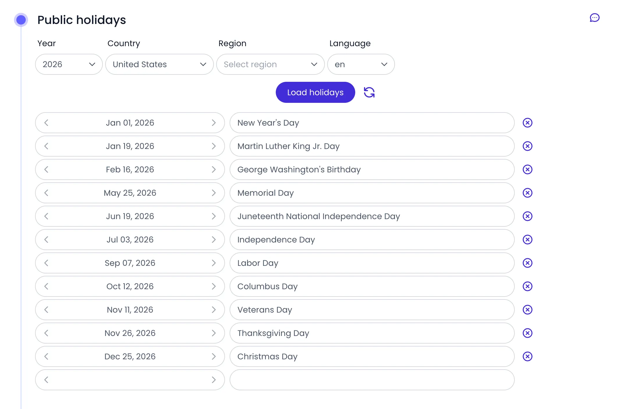 Beebole Public holidays panel in Account Settings with the Year set to 2026, the Country set to United States, the Region and Language selectors, the Load holidays button, and the list of US public holidays from New Year's Day to Christmas Day, each with its date, name and remove icon, above an empty row for a custom holiday
