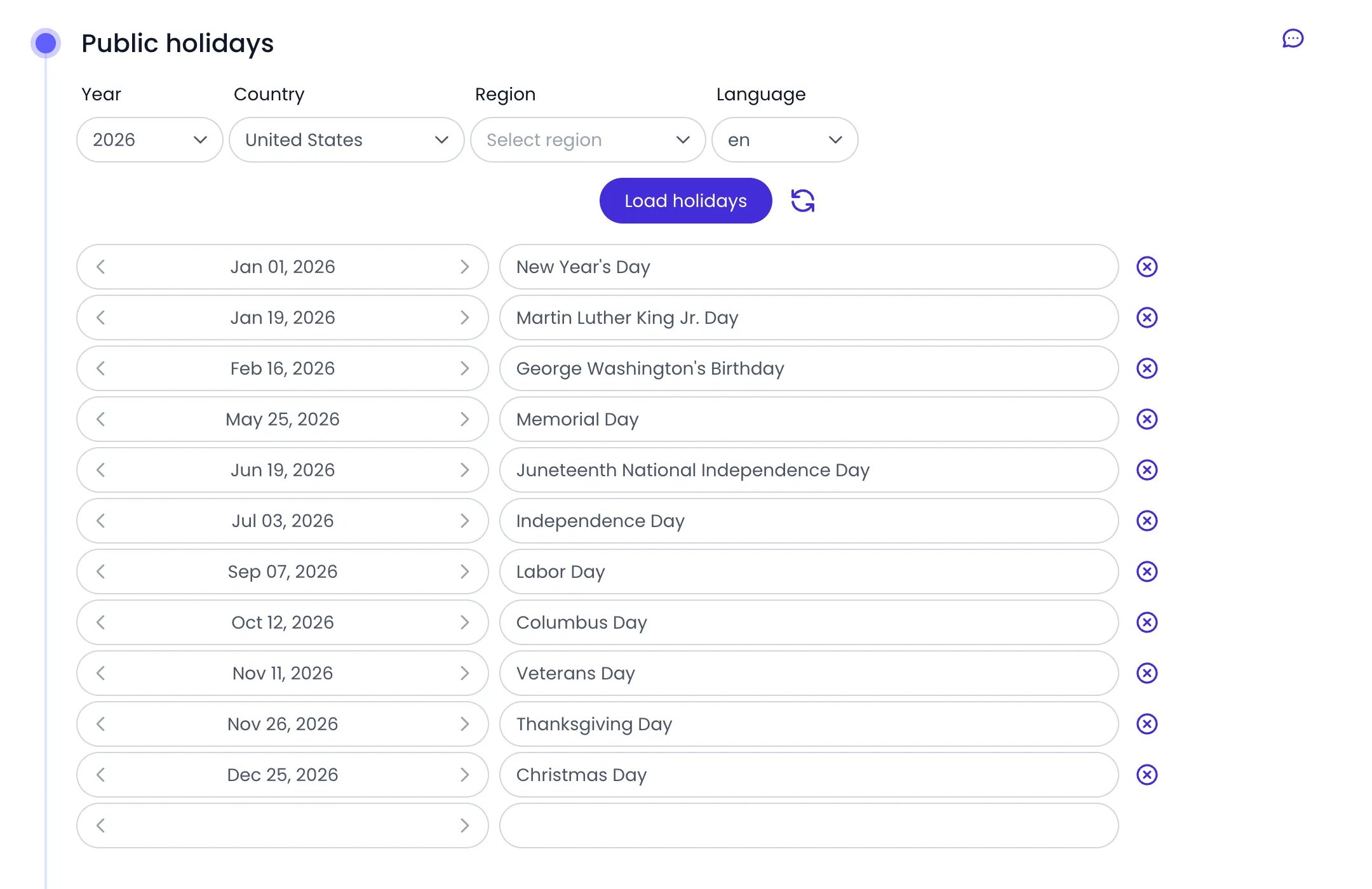 Beebole Public holidays panel in Account Settings with the Year set to 2026, the Country set to United States, the Region and Language selectors, the Load holidays button, and the list of US public holidays from New Year's Day to Christmas Day, each with its date, name and remove icon, above an empty row for a custom holiday