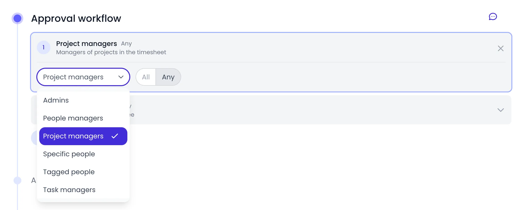 Beebole Approval workflow panel with the first stage, Project managers, unfolded: its type selector open on Admins, People managers, Project managers (checked), Specific people, Tagged people and Task managers, next to the All and Any switch