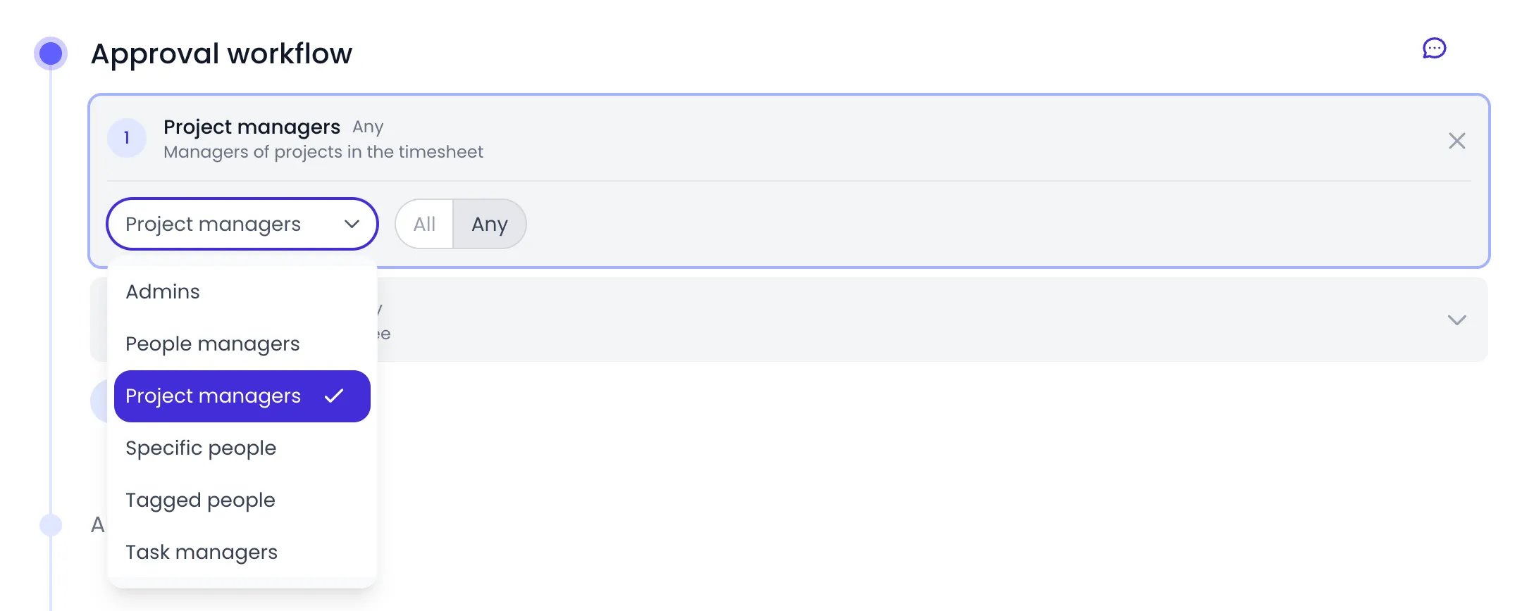 Beebole Approval workflow panel with the first stage, Project managers, unfolded: its type selector open on Admins, People managers, Project managers (checked), Specific people, Tagged people and Task managers, next to the All and Any switch