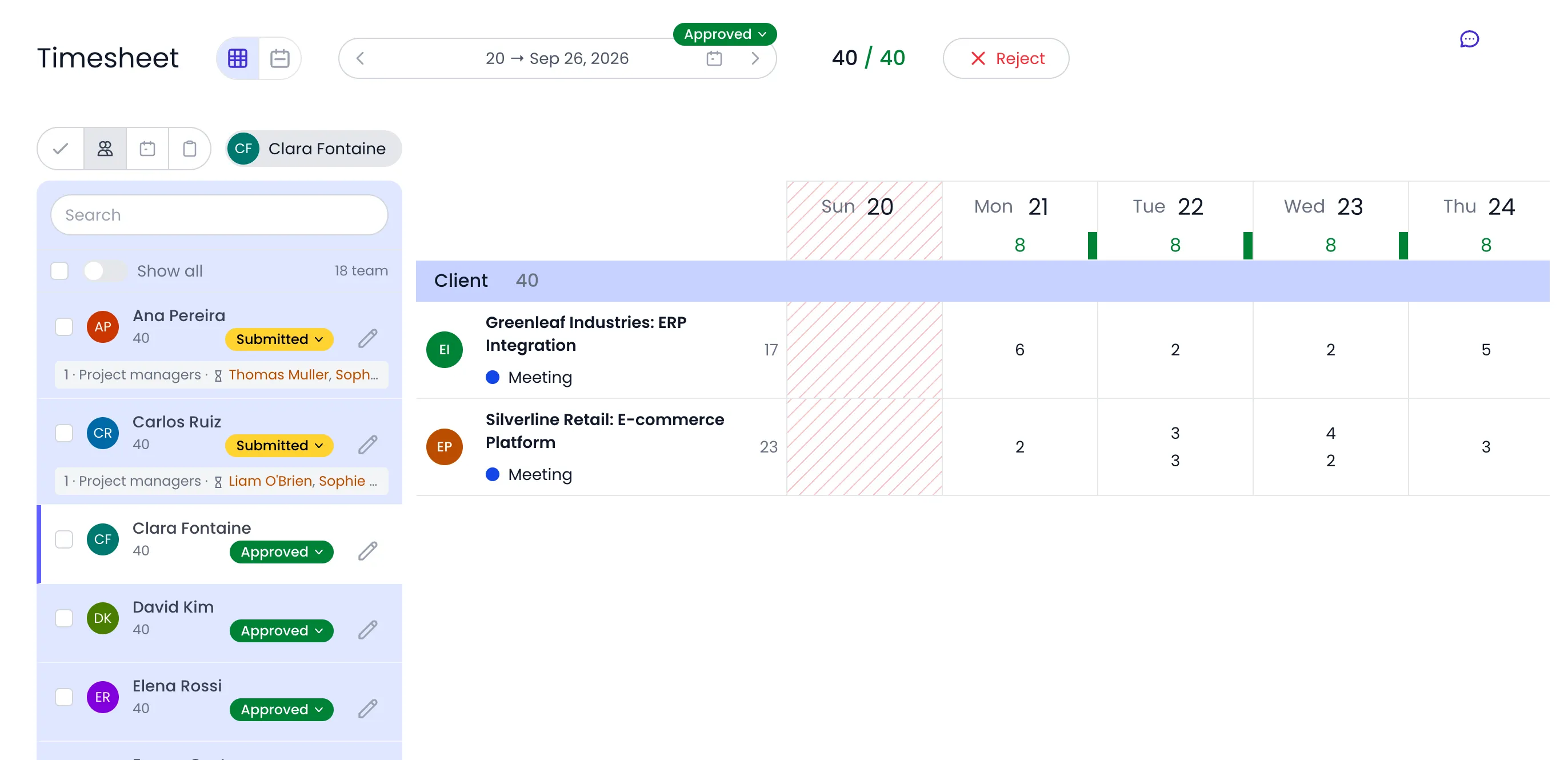 Beebole timesheet of Clara Fontaine for the week of September 20 to 26, 2026, opened from the Team pane: the Approved badge over the date range and a Reject button next to the 40 / 40 total, her two Client rows in the grid, and the Team pane listing Ana Pereira and Carlos Ruiz as Submitted, Clara Fontaine, David Kim and Elena Rossi as Approved