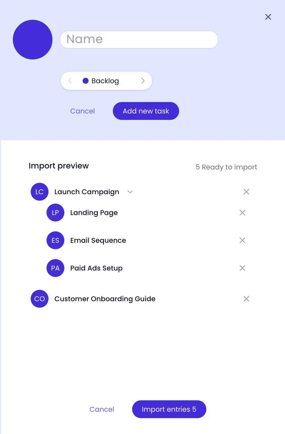 Beebole Add Task panel of the Main plan with the Backlog status selected and an Import preview below it: Launch Campaign with its subtasks Landing Page, Email Sequence and Paid Ads Setup, then Customer Onboarding Guide, each with a remove button, 5 Ready to import, and the Cancel and Import entries 5 buttons