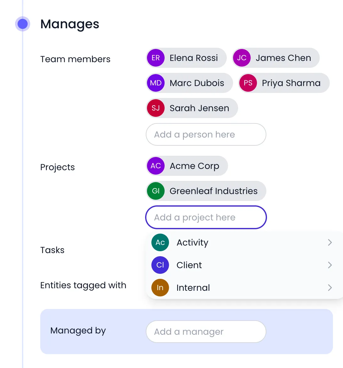 Beebole Manages panel of Sophie Laurent, who manages Acme Corp and Greenleaf Industries, with the Add a project here selector open on the Activity, Client and Internal categories, each with a chevron to expand it