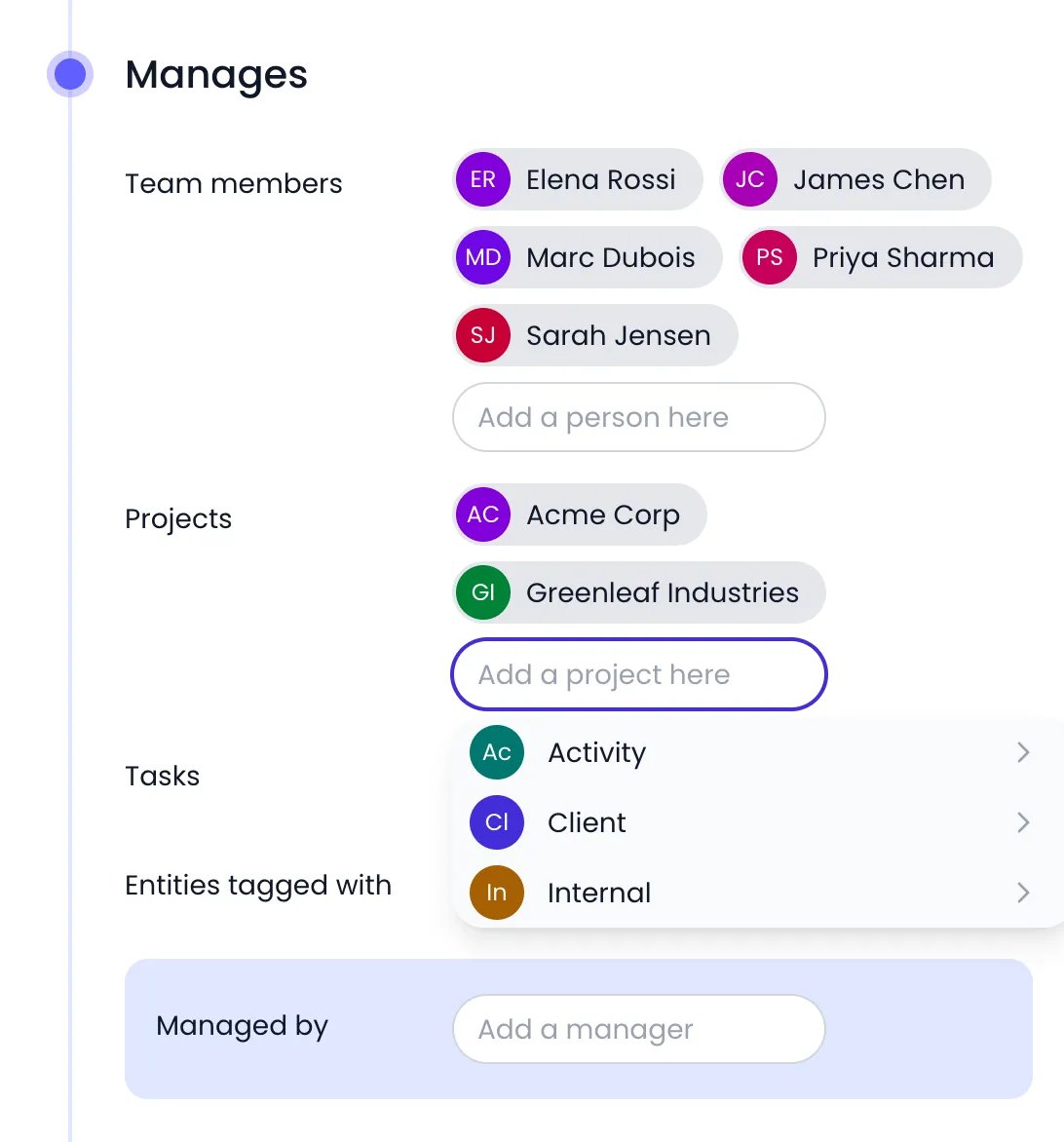Beebole Manages panel of Sophie Laurent, who manages Acme Corp and Greenleaf Industries, with the Add a project here selector open on the Activity, Client and Internal categories, each with a chevron to expand it