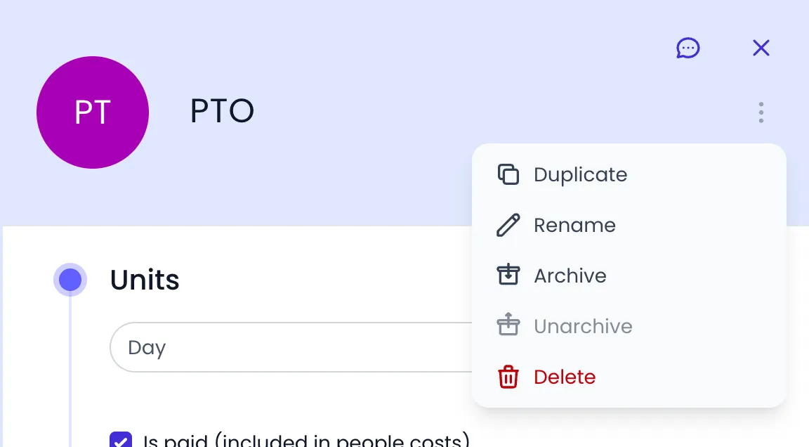 Beebole PTO absence type panel with its action menu open: Duplicate, Rename, Archive, Unarchive (greyed out) and Delete
