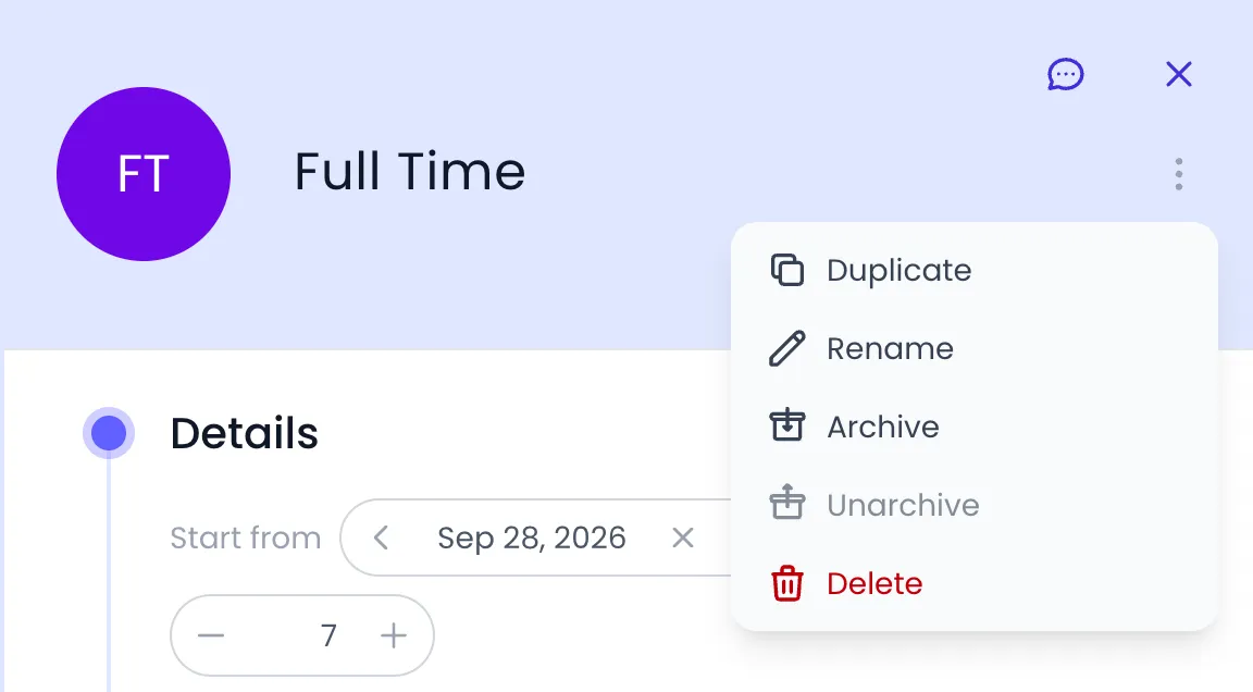 Beebole Full Time work schedule panel with its action menu open: Duplicate, Rename, Archive, Unarchive (greyed out) and Delete
