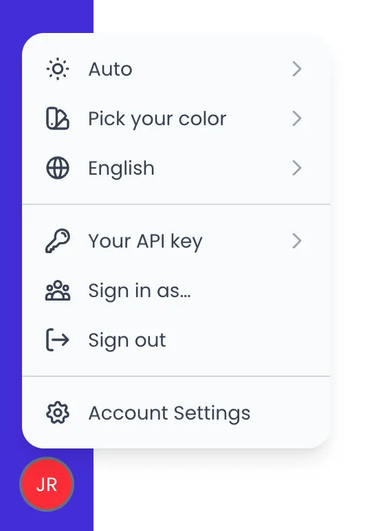 Beebole user menu open above the JR initials at the bottom of the sidebar, listing Auto, Pick your color, English, Your API key, Sign in as..., Sign out and Account Settings