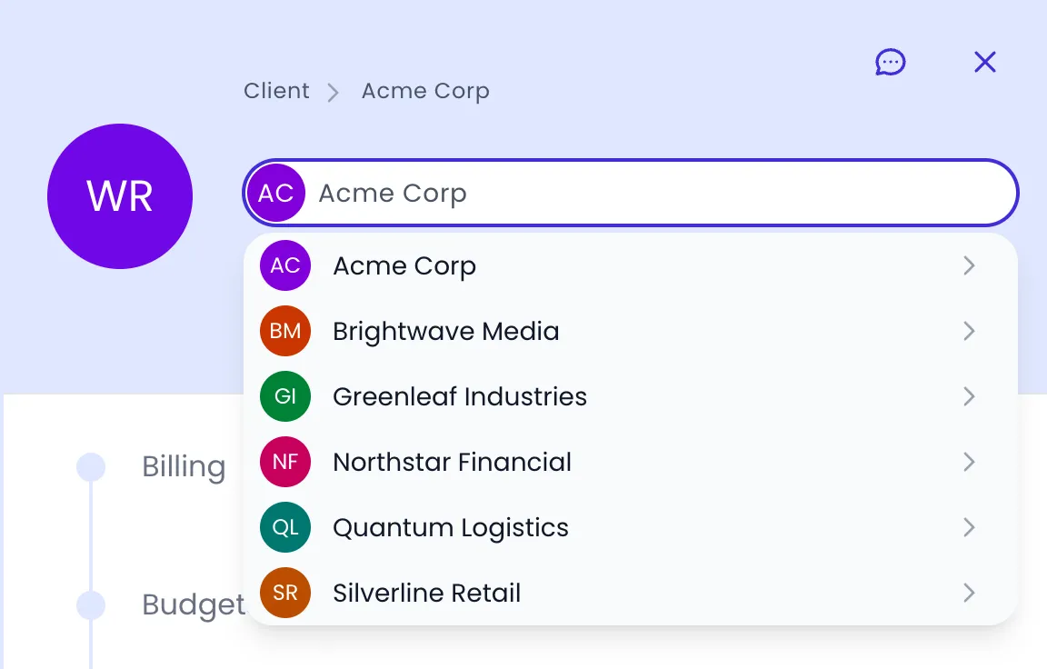 Beebole detail panel of the Website Redesign project with the parent selector open under the Client > Acme Corp breadcrumb, listing Acme Corp, Brightwave Media, Greenleaf Industries, Northstar Financial, Quantum Logistics and Silverline Retail