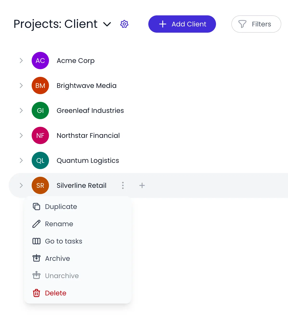 Beebole Projects page on the Client category with the Silverline Retail action menu open, offering Duplicate, Rename, Go to tasks, Archive, Unarchive and Delete
