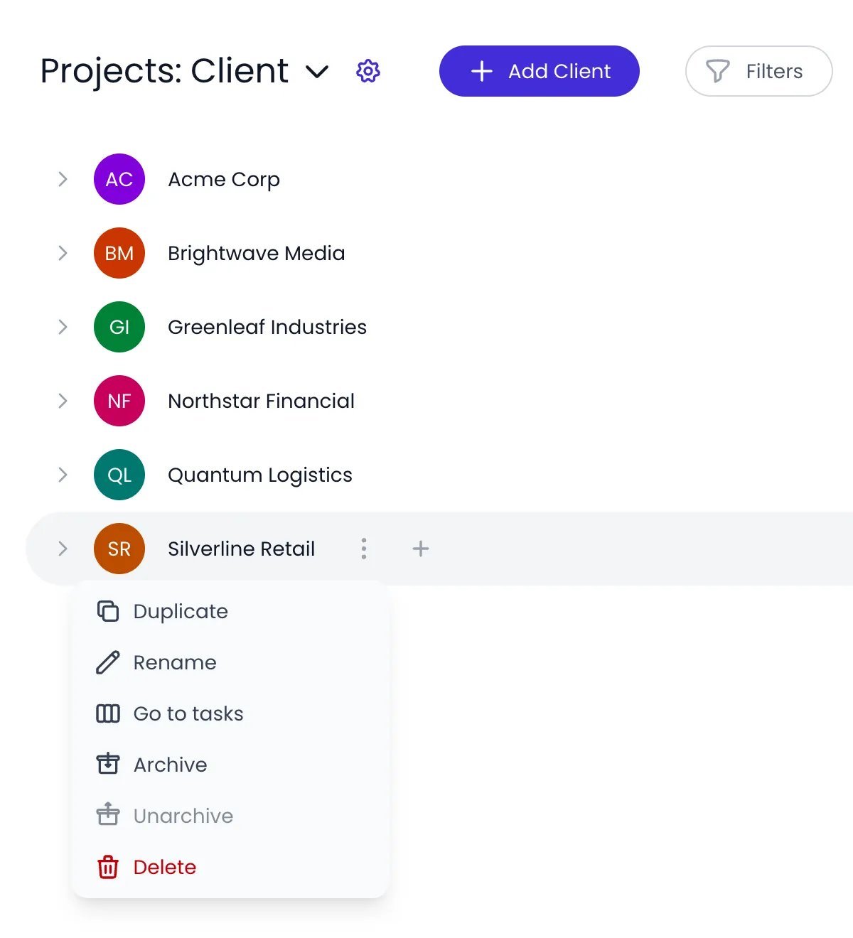 Beebole Projects page on the Client category with the Silverline Retail action menu open, offering Duplicate, Rename, Go to tasks, Archive, Unarchive and Delete