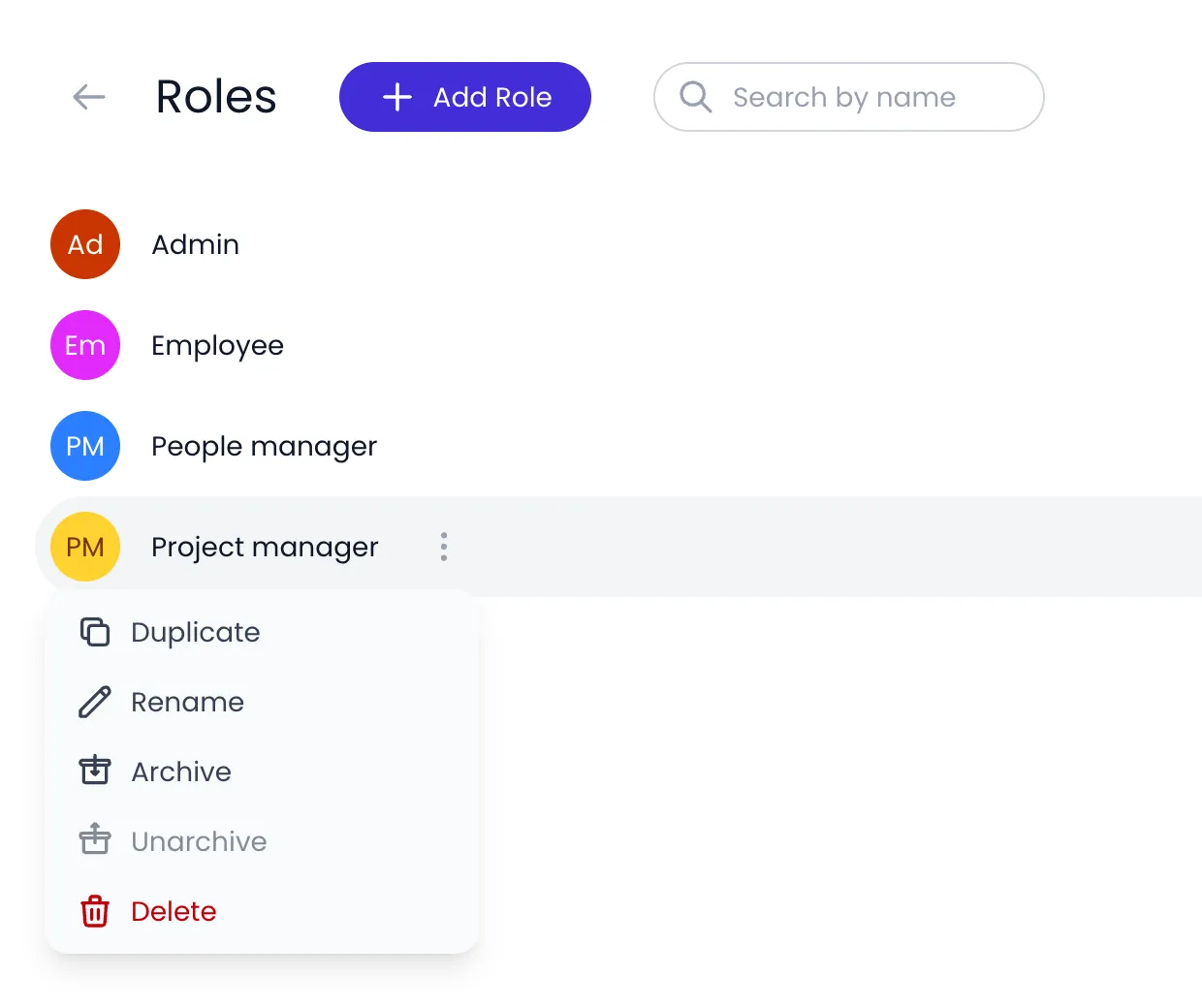 Beebole Roles page listing Admin, Employee, People manager and Project manager, with the Project manager action menu open on Duplicate, Rename, Archive, Unarchive and Delete