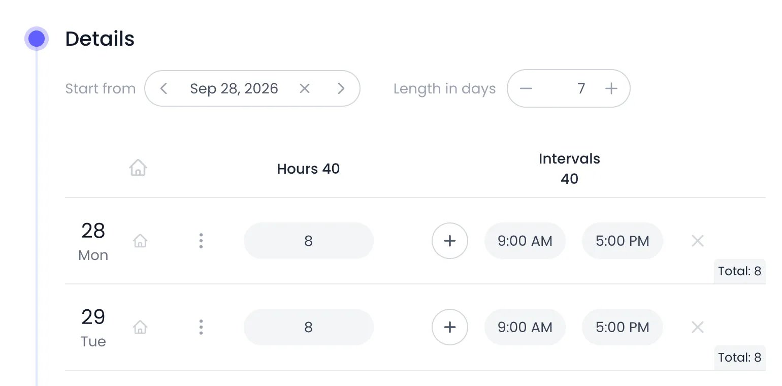 Beebole Details panel of the Full Time work schedule with Start from Sep 28, 2026, Length in days 7, totals of 40 hours and 40 interval hours, and the Monday and Tuesday rows each showing the Work From Home house icon, the day menu, 8 hours, and an interval from 9:00 AM to 5:00 PM with a Total of 8