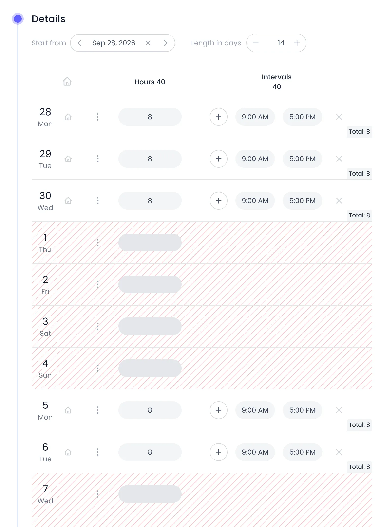 Beebole Details panel of the Half Time – 3d-2d work schedule with Start from Sep 28, 2026 and Length in days 14: Monday to Wednesday at 8 hours from 9:00 AM to 5:00 PM, Thursday to Sunday off, then Monday and Tuesday of the second week at 8 hours, and Wednesday off