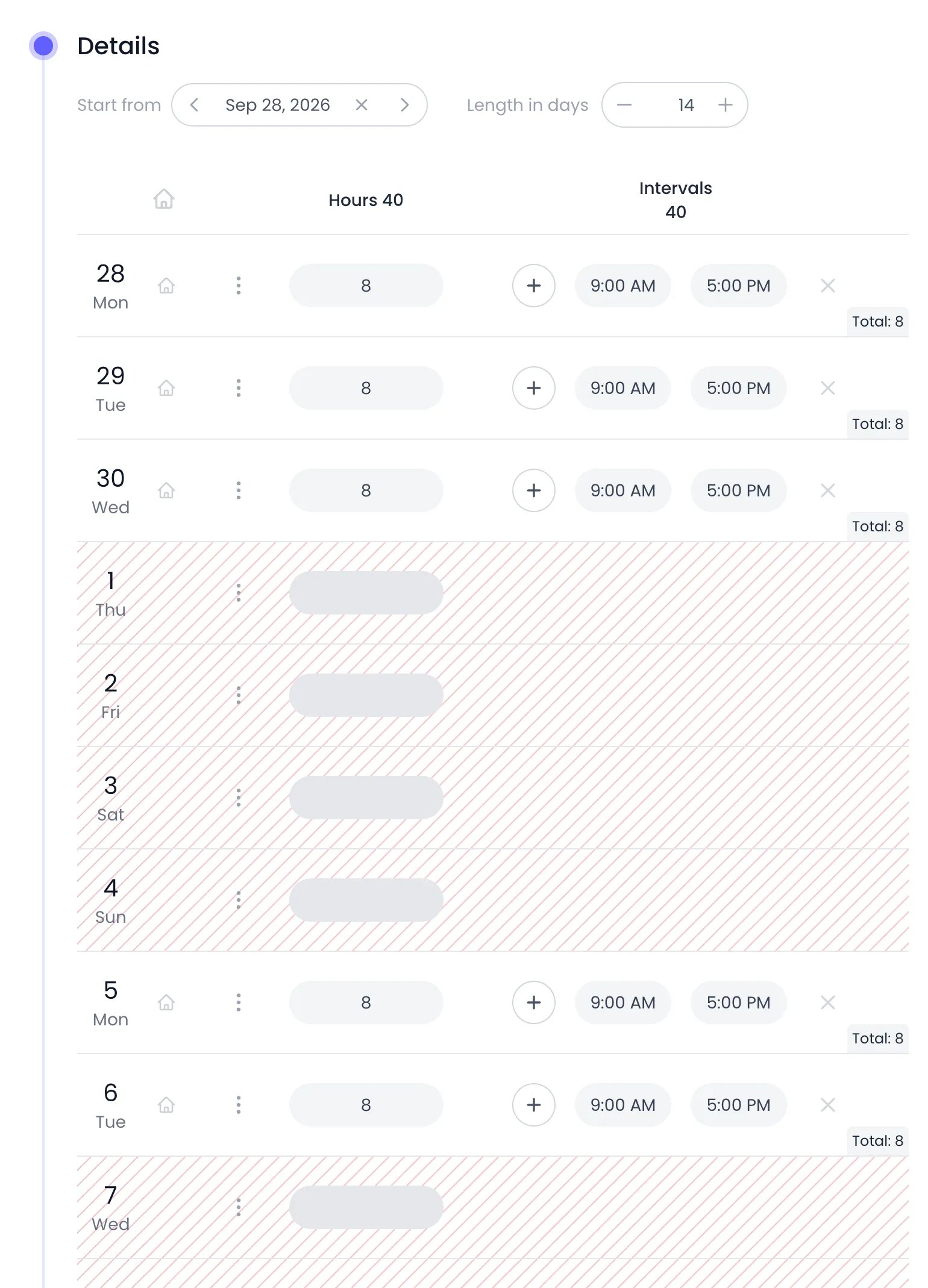 Beebole Details panel of the Half Time – 3d-2d work schedule with Start from Sep 28, 2026 and Length in days 14: Monday to Wednesday at 8 hours from 9:00 AM to 5:00 PM, Thursday to Sunday off, then Monday and Tuesday of the second week at 8 hours, and Wednesday off