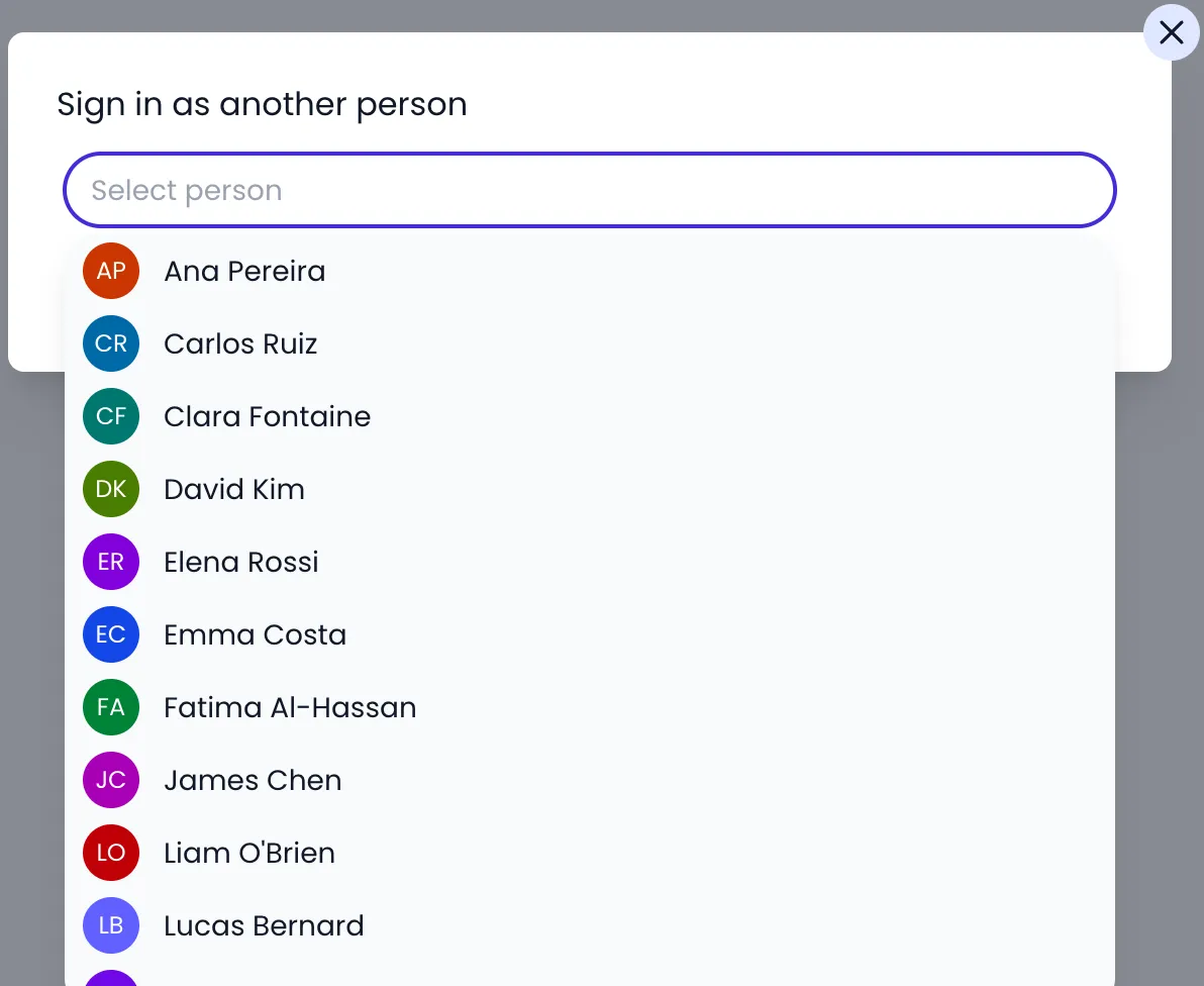 Beebole dialog titled Sign in as another person, with a Select person search box and the list of people below it, from Ana Pereira to Lucas Bernard
