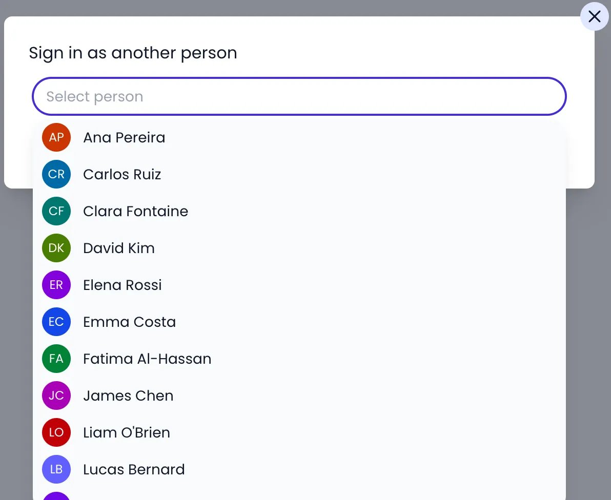 Beebole dialog titled Sign in as another person, with a Select person search box and the list of people below it, from Ana Pereira to Lucas Bernard