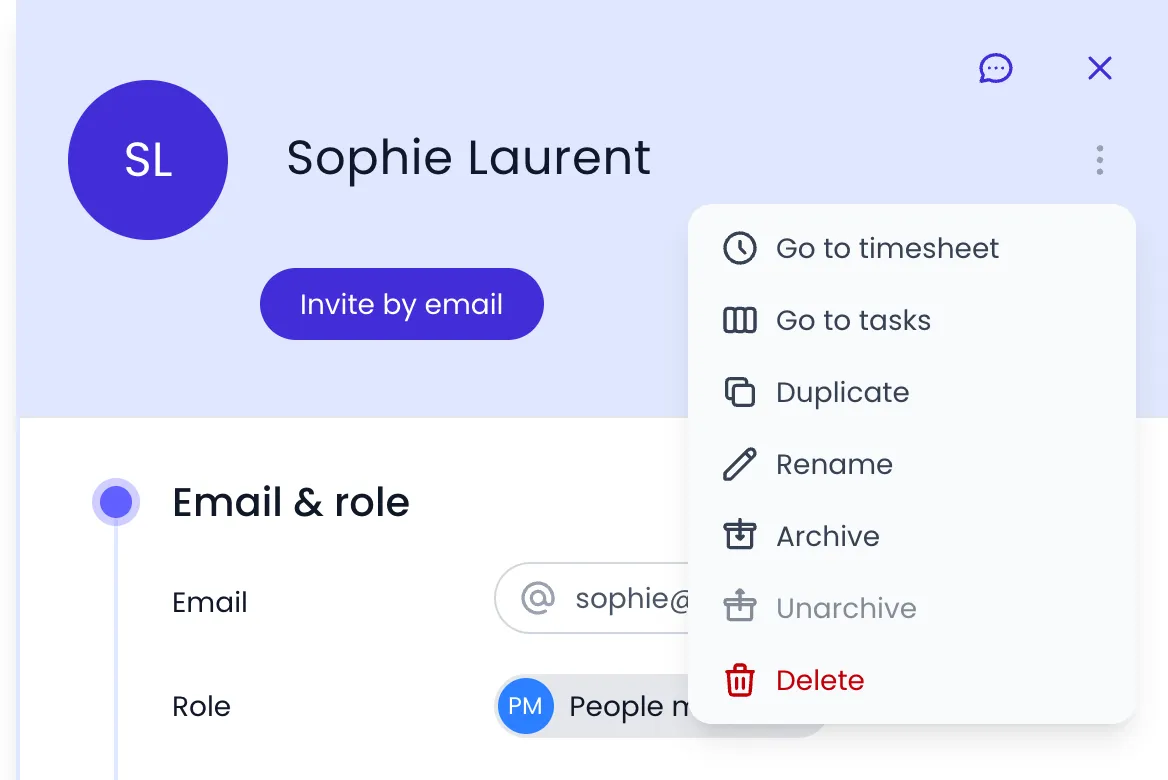 Beebole profile of Sophie Laurent with the action menu open next to her name, listing Go to timesheet, Go to tasks, Duplicate, Rename, Archive, Unarchive (unavailable) and Delete