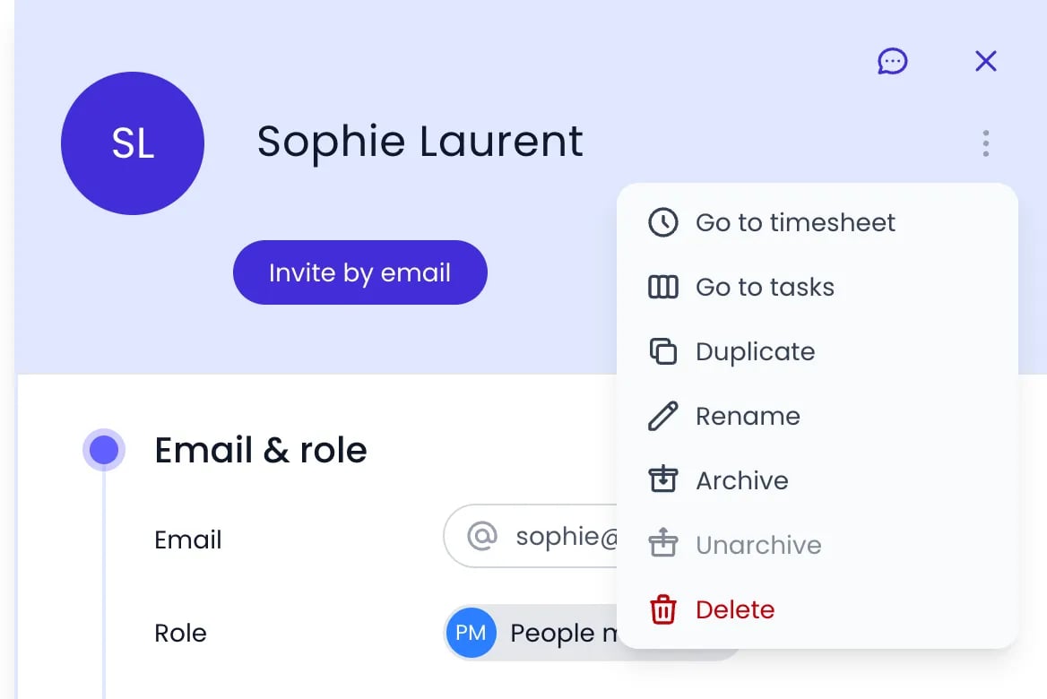 Beebole profile of Sophie Laurent with the action menu open next to her name, listing Go to timesheet, Go to tasks, Duplicate, Rename, Archive, Unarchive (unavailable) and Delete