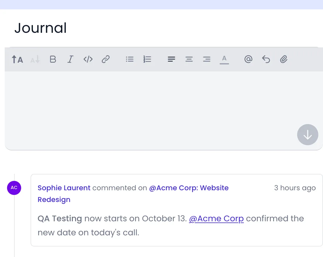 Beebole Journal panel of the Website Redesign project: the message editor with its formatting toolbar, and below it a message from Sophie Laurent with QA Testing in bold and an @Acme Corp mention link