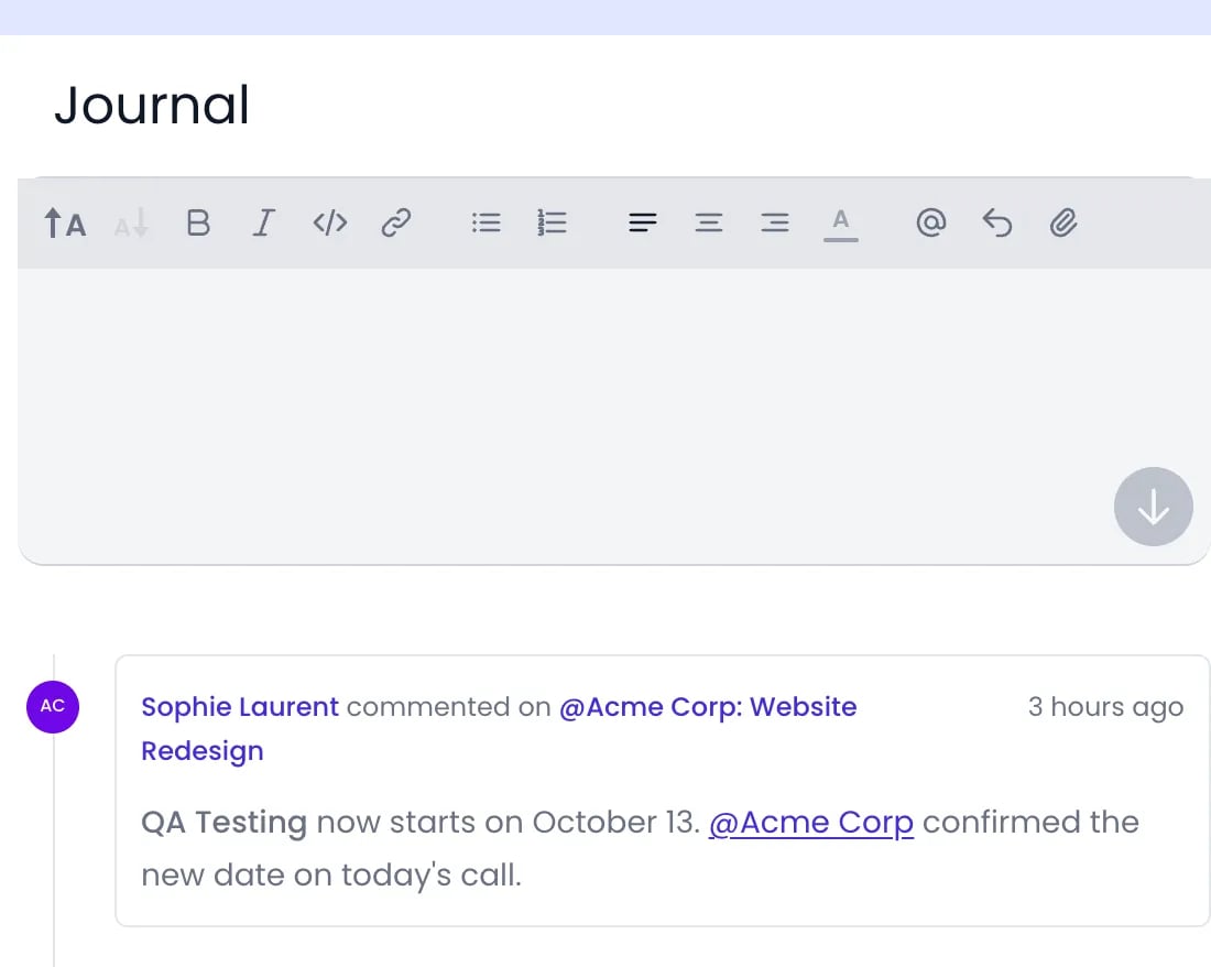 Beebole Journal panel of the Website Redesign project: the message editor with its formatting toolbar, and below it a message from Sophie Laurent with QA Testing in bold and an @Acme Corp mention link