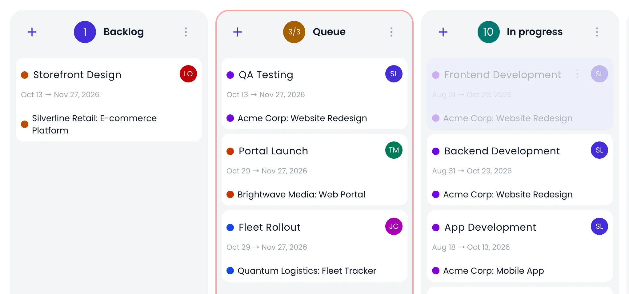 Beebole Kanban board with the Queue column header reading 3/3 and a red border around the column, while the Frontend Development card from In progress is being dragged over it