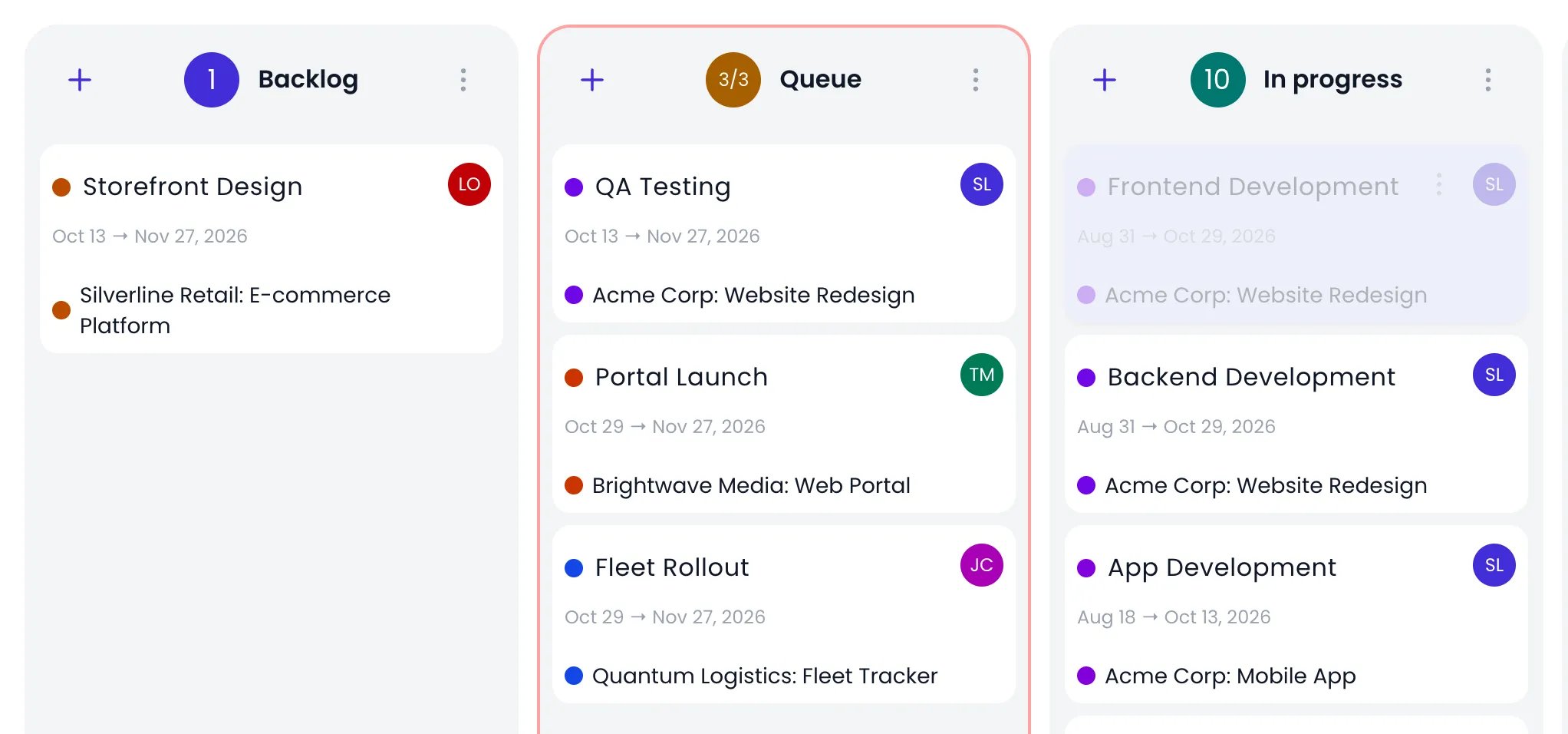 Beebole Kanban board with the Queue column header reading 3/3 and a red border around the column, while the Frontend Development card from In progress is being dragged over it