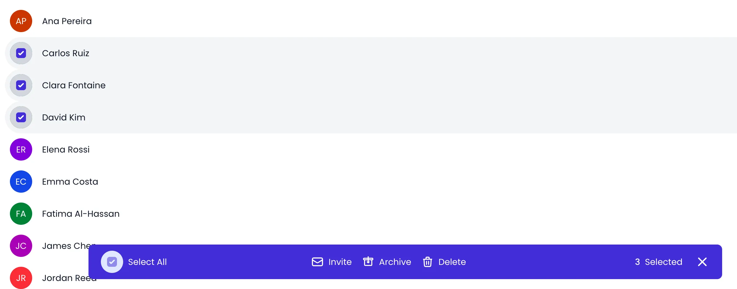 Beebole People list with Carlos Ruiz, Clara Fontaine and David Kim checked, and the bulk bar at the bottom showing Select All, Invite, Archive, Delete and 3 Selected