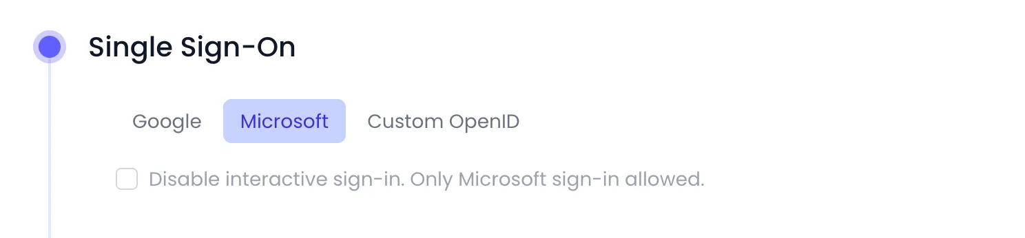 Microsoft tab of the Beebole Single Sign-On panel, with the unchecked option Disable interactive sign-in. Only Microsoft sign-in allowed.