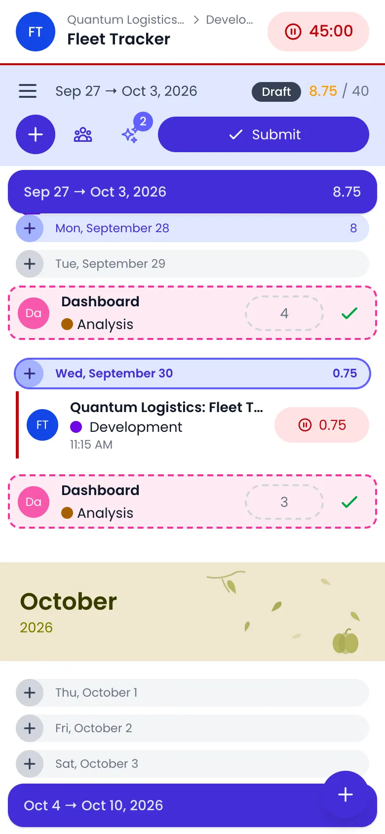 Beebole timesheet on a phone with the timer bar at the top showing Fleet Tracker, its client path and the elapsed time on a red pause button, and today's Fleet Tracker Development entry card with its running red counter