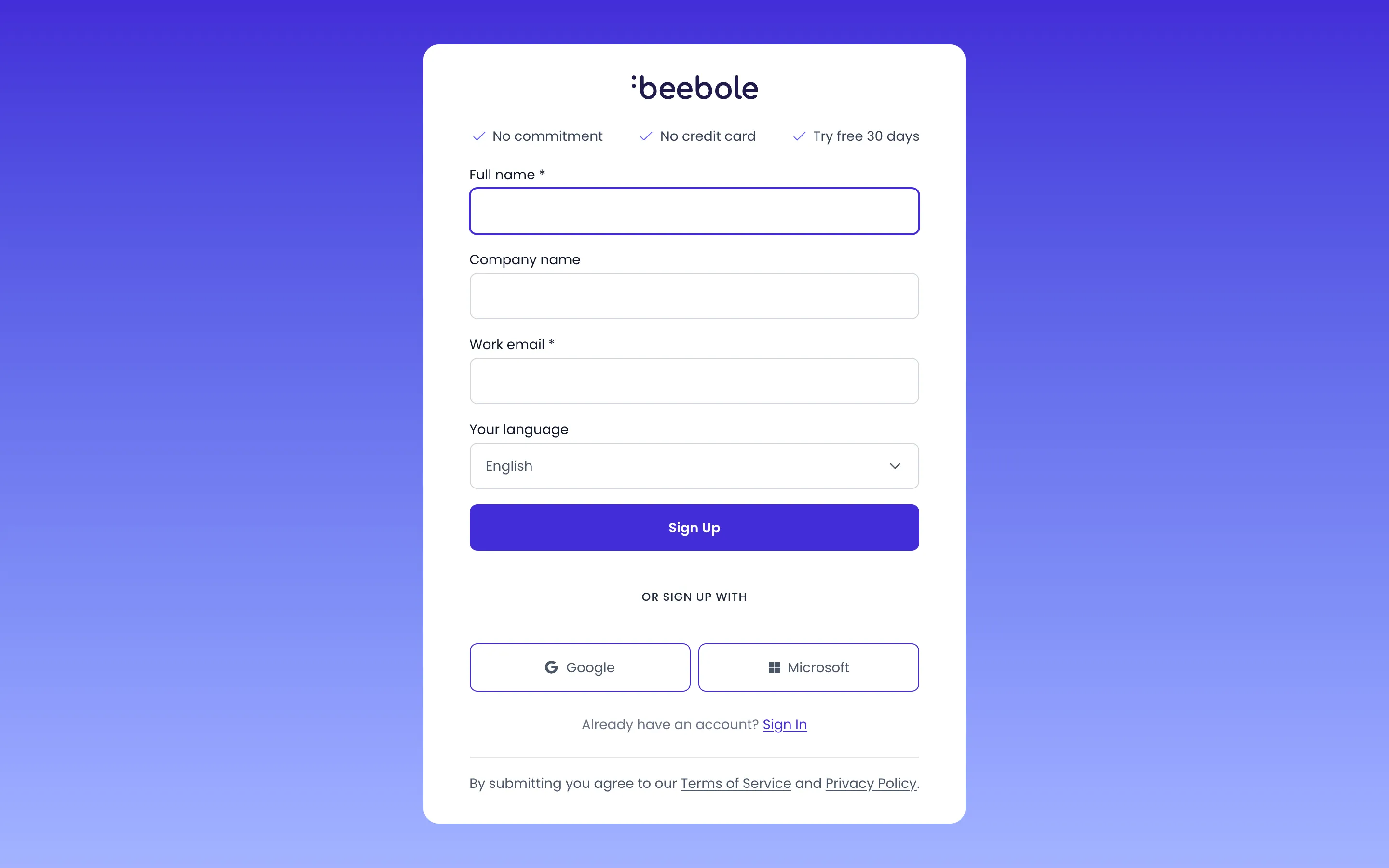 Beebole sign-up form with the Full name, Company name, Work email and Your language fields, the Sign Up button, and the Google and Microsoft buttons under Or sign up with