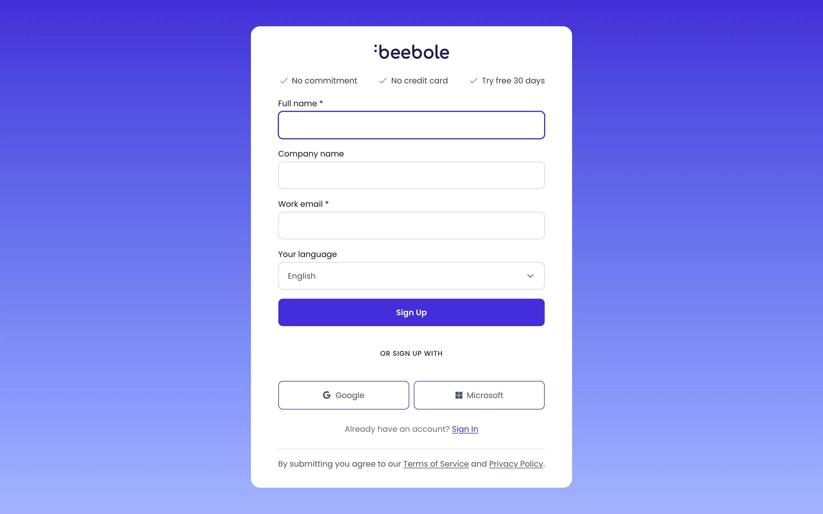 Beebole sign-up form with the Full name, Company name, Work email and Your language fields, the Sign Up button, and the Google and Microsoft buttons under Or sign up with