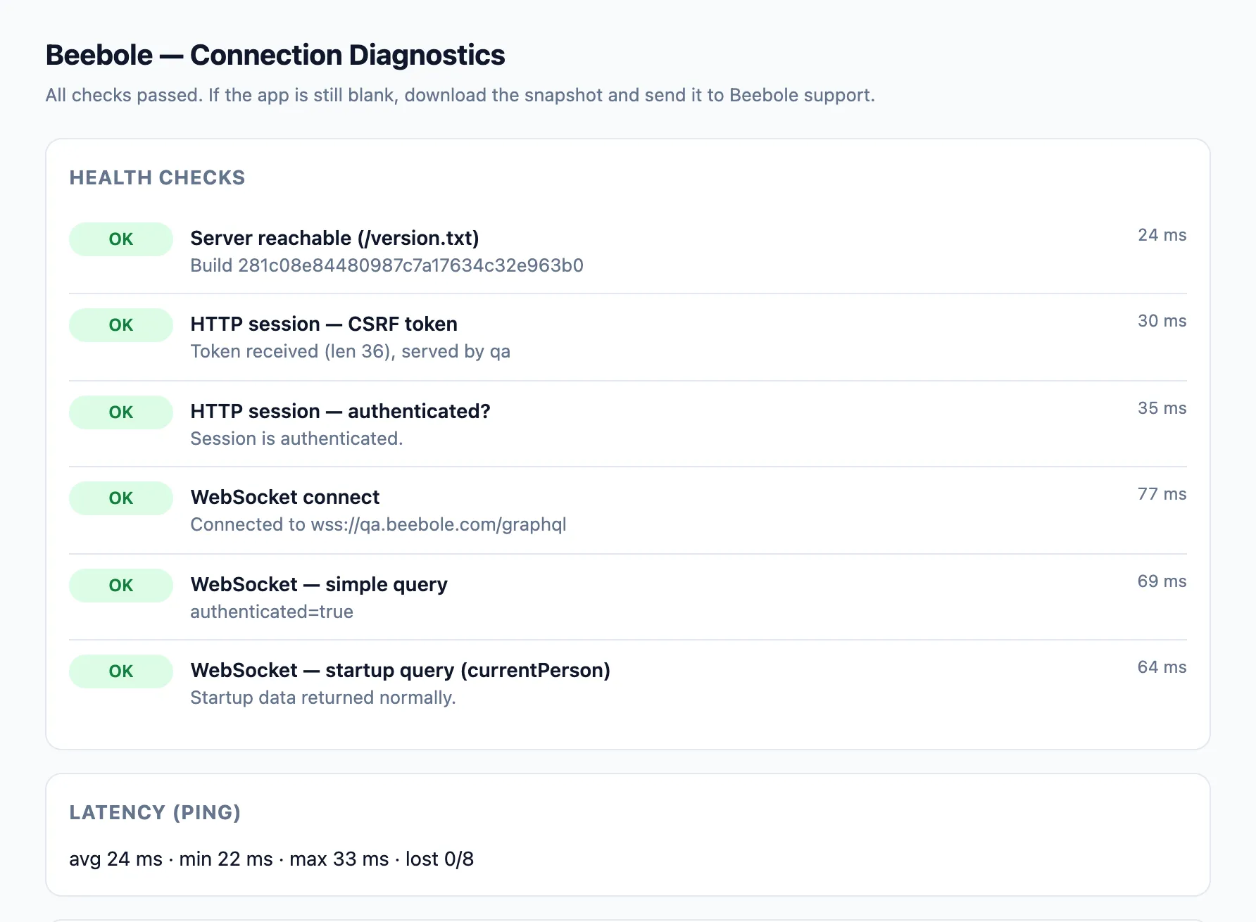 Beebole Connection Diagnostics page reading All checks passed, with the Health checks list (server reachable, HTTP session CSRF token and authentication, WebSocket connect, simple query and startup query) each marked OK with its duration, and the Latency (ping) average, minimum, maximum and lost count