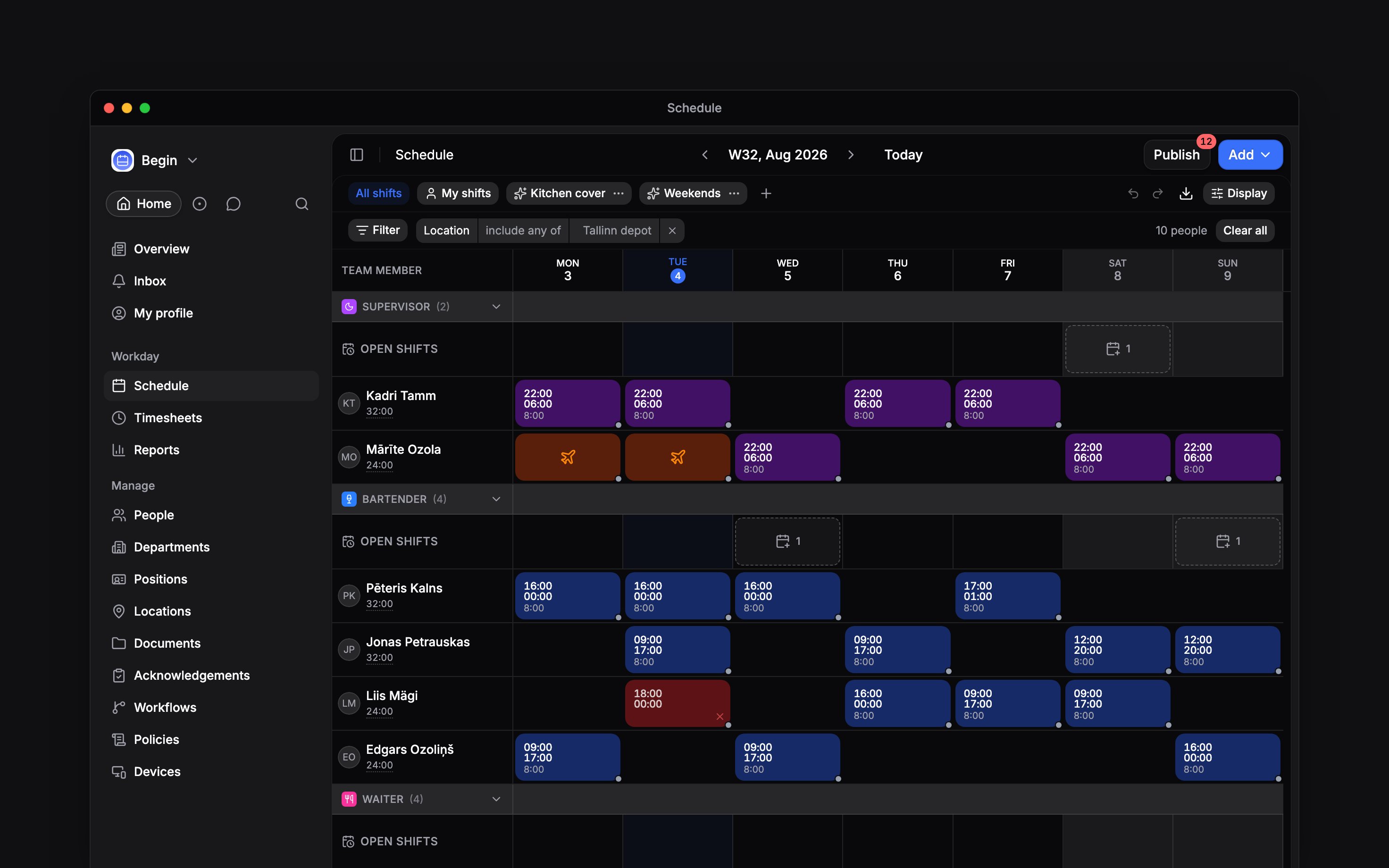 A week of the schedule grouped by position, each band carrying its own Open shifts row: the Supervisor row holds one dashed unassigned card on the Saturday and the Bartender row holds two, on the Wednesday and the Sunday, above the people who already have shifts
