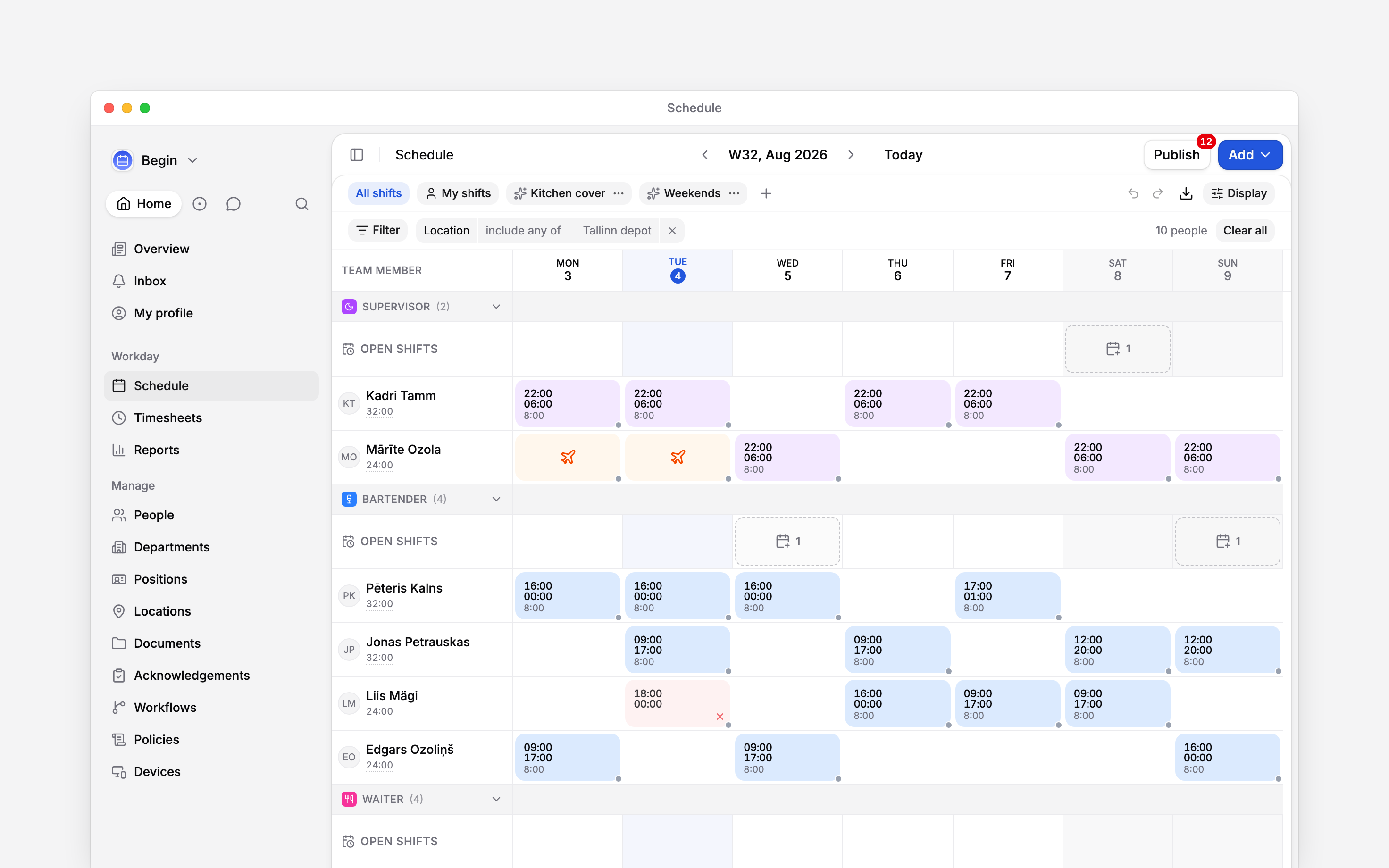 A week of the schedule grouped by position, each band carrying its own Open shifts row: the Supervisor row holds one dashed unassigned card on the Saturday and the Bartender row holds two, on the Wednesday and the Sunday, above the people who already have shifts