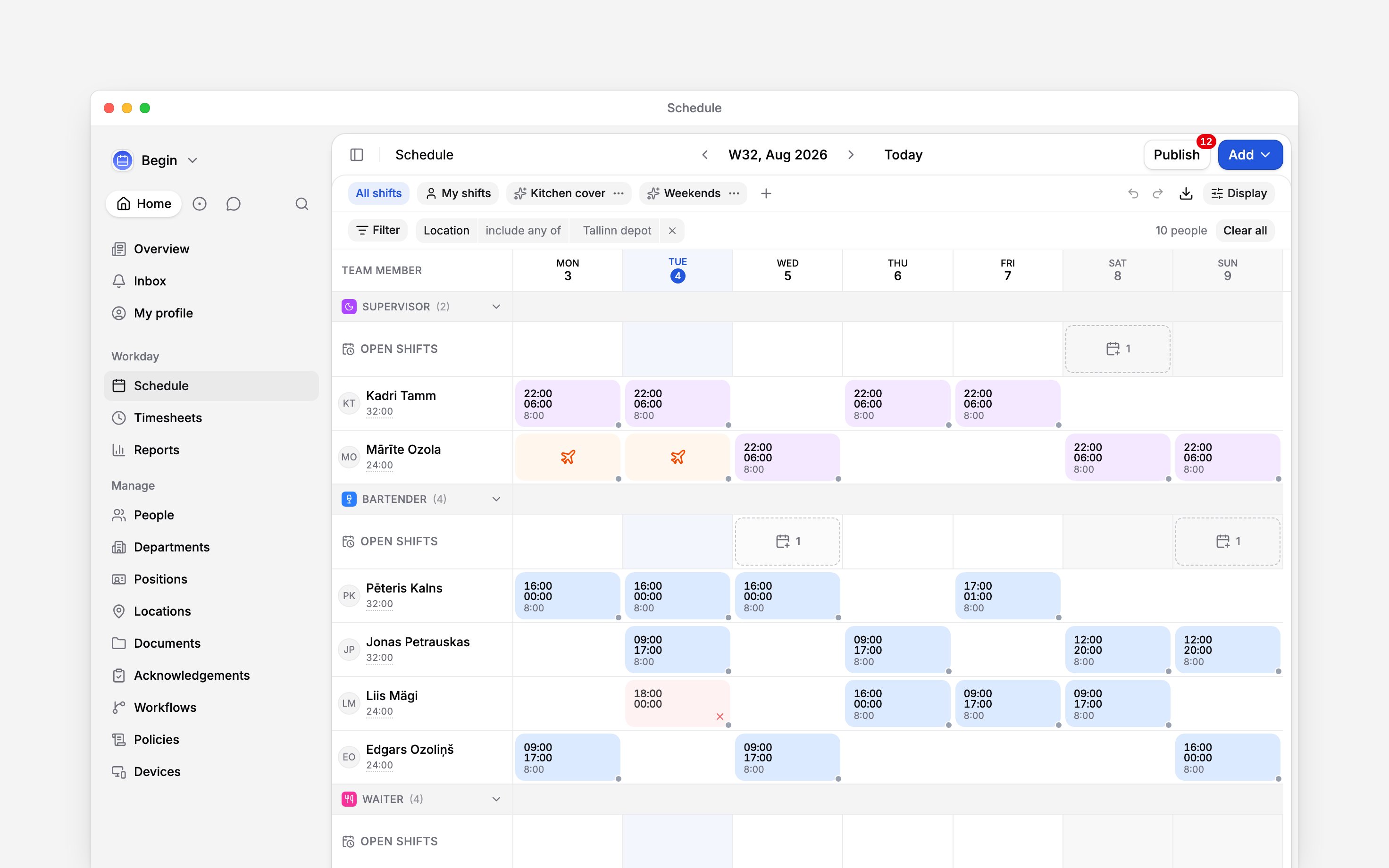 A week of the schedule grouped by position, each band carrying its own Open shifts row: the Supervisor row holds one dashed unassigned card on the Saturday and the Bartender row holds two, on the Wednesday and the Sunday, above the people who already have shifts
